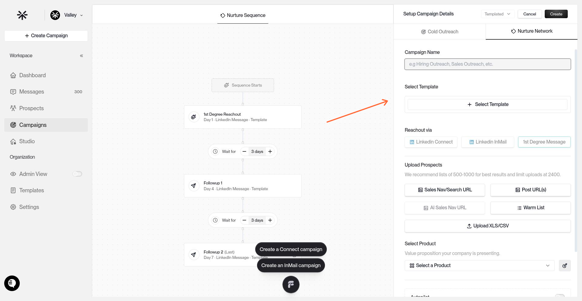 Template selection button in campaign setup
