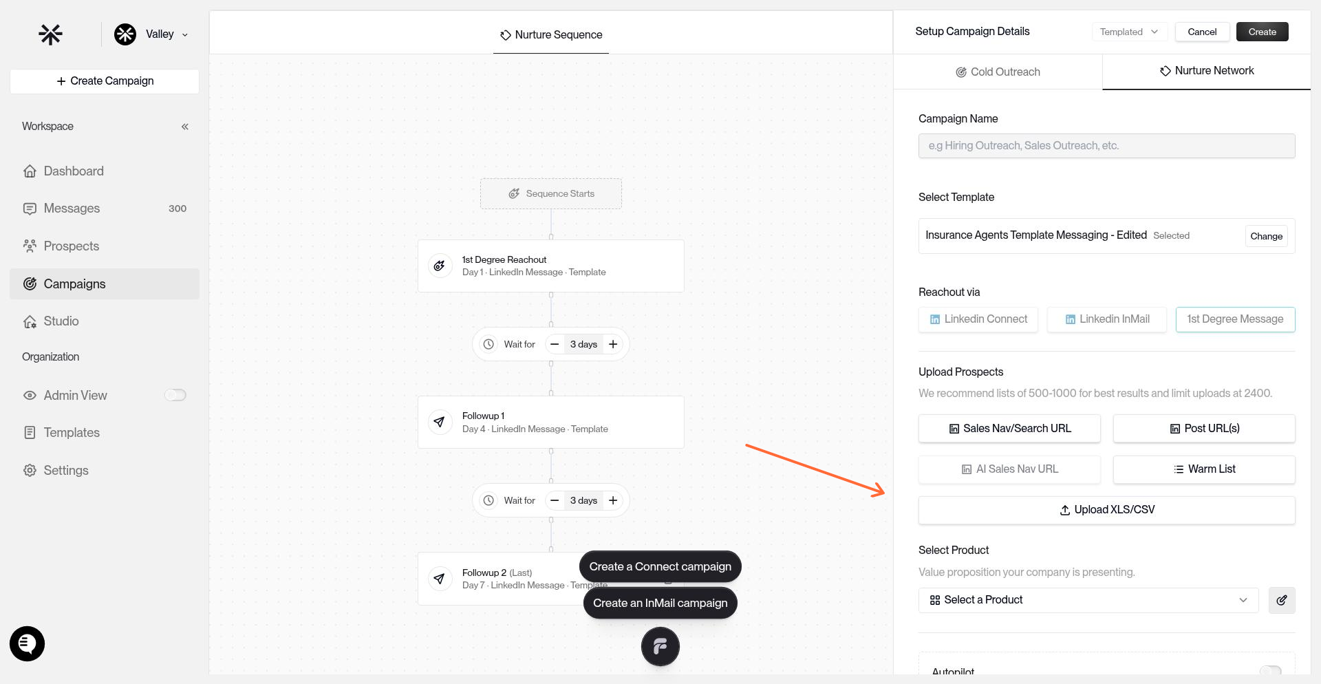 Upload prospects screen with CSV upload button