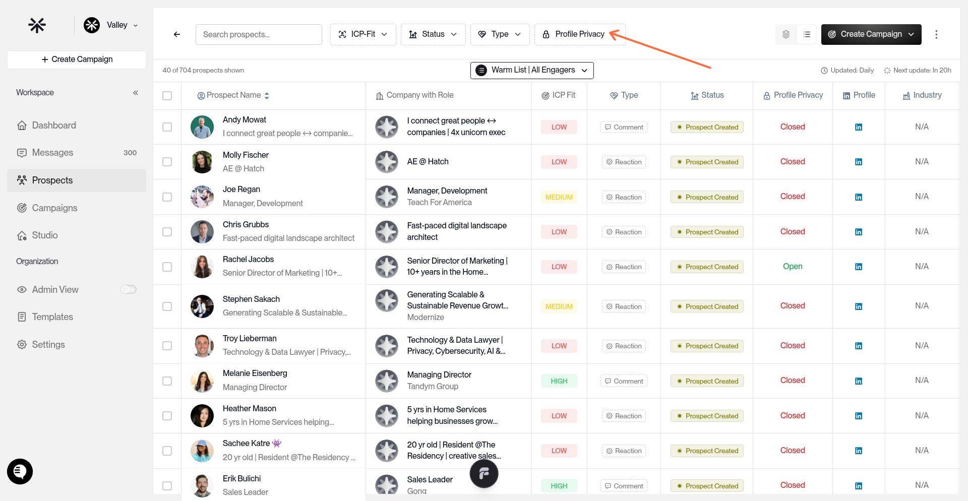 Filter controls showing ICP-Fit, Status, Type, and Profile Privacy dropdowns