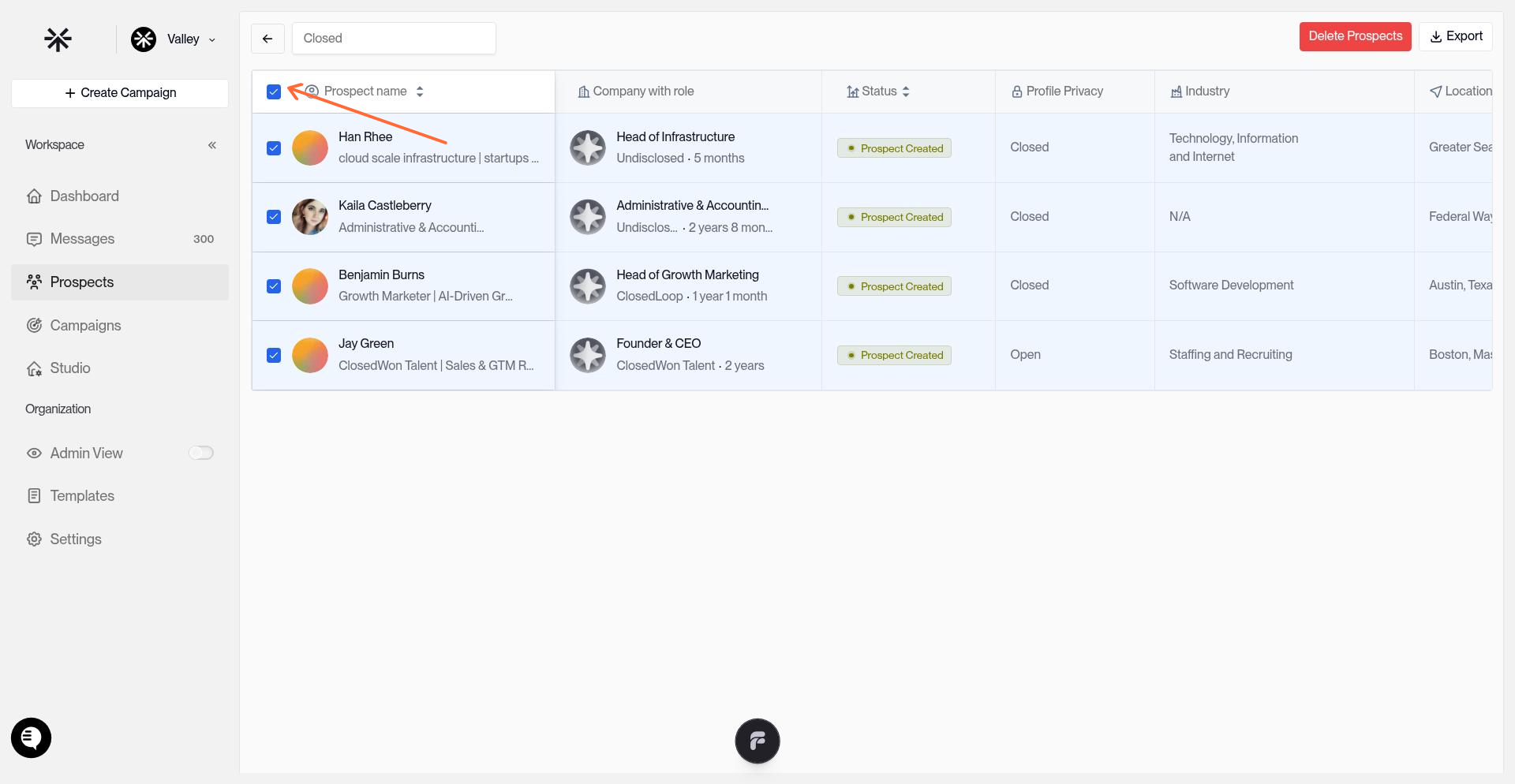 Select all checkbox in table header with all prospects checked