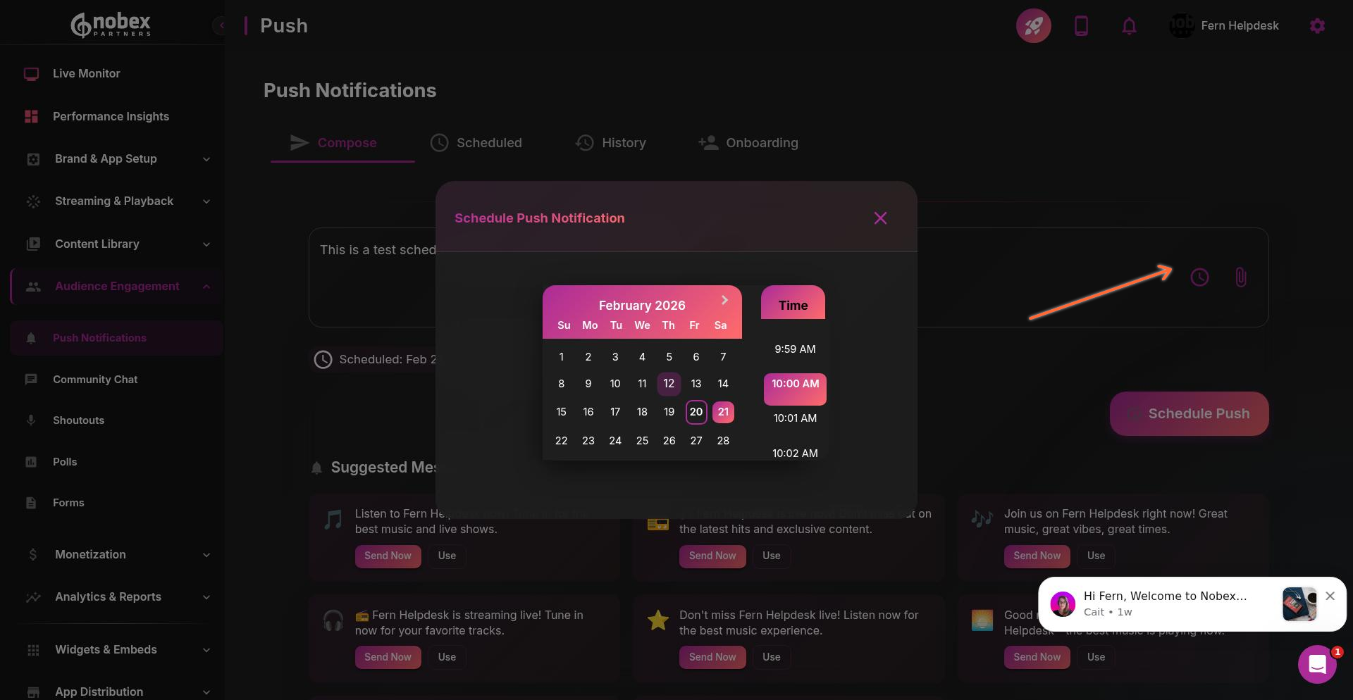 Attach Item button for linking content to push notifications