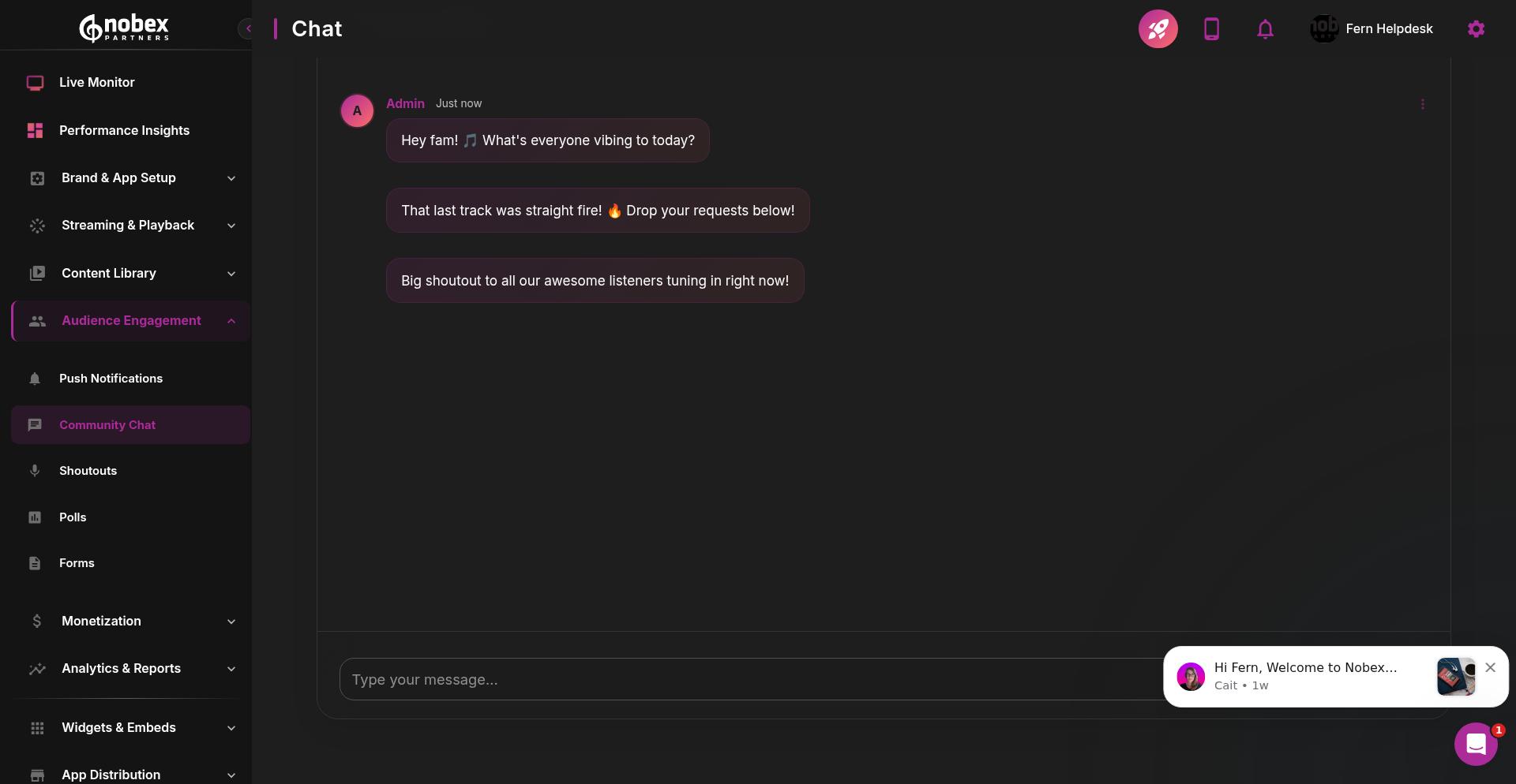 Example chat messages with listeners