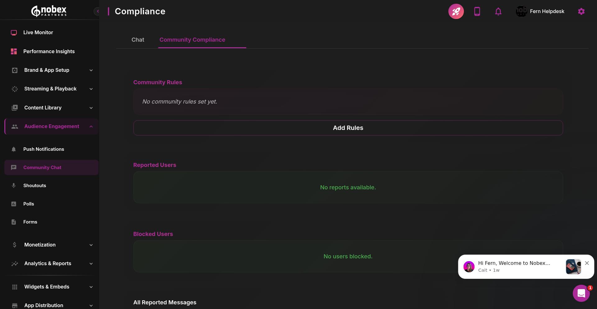 Community Compliance tab with rules editor
