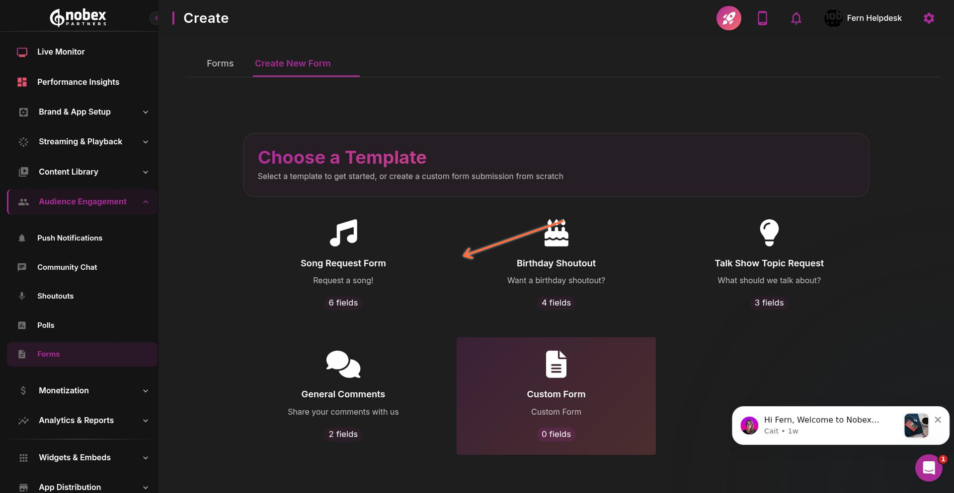 Form template selection with Song Request highlighted