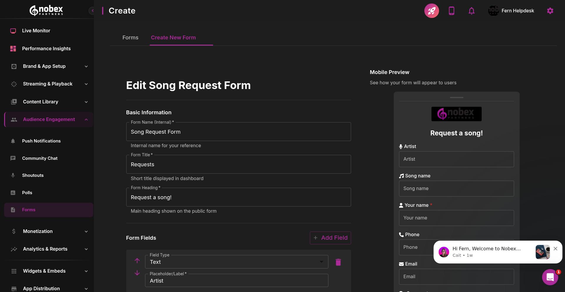 Form editor view showing customization options