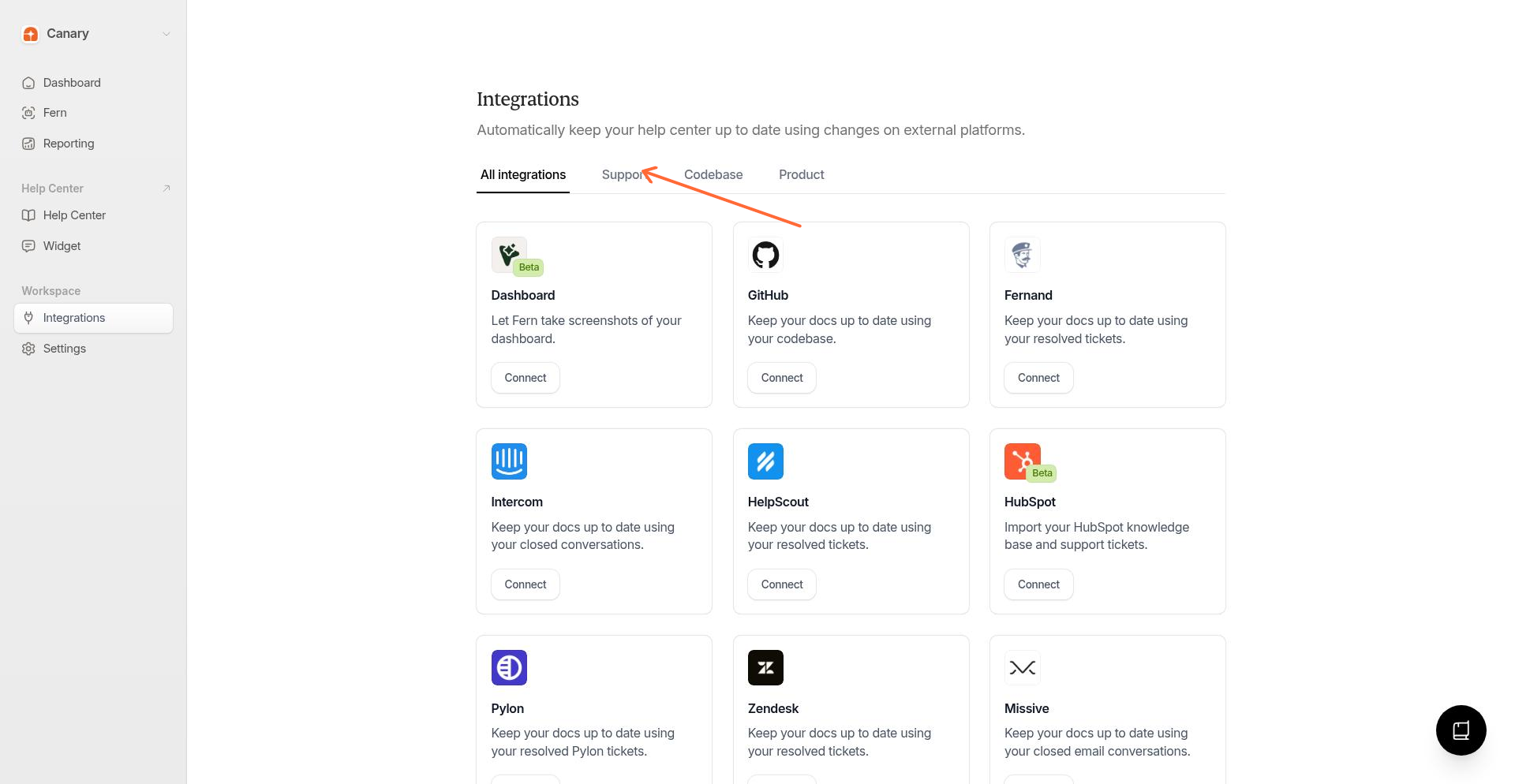 Integrations page showing the Support tab