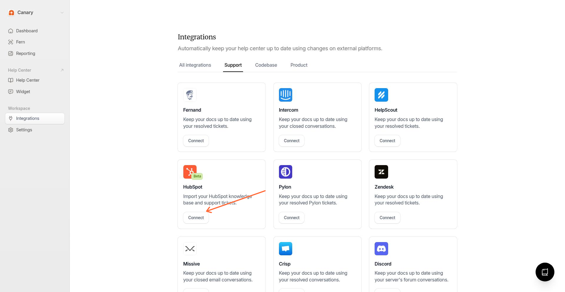 HubSpot integration tile with Connect button