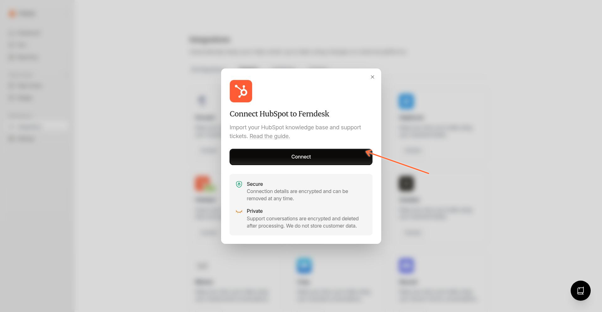 Connect HubSpot to Ferndesk modal