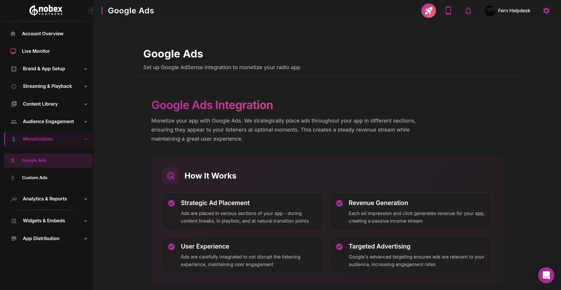 Google Ads integration page showing setup options
