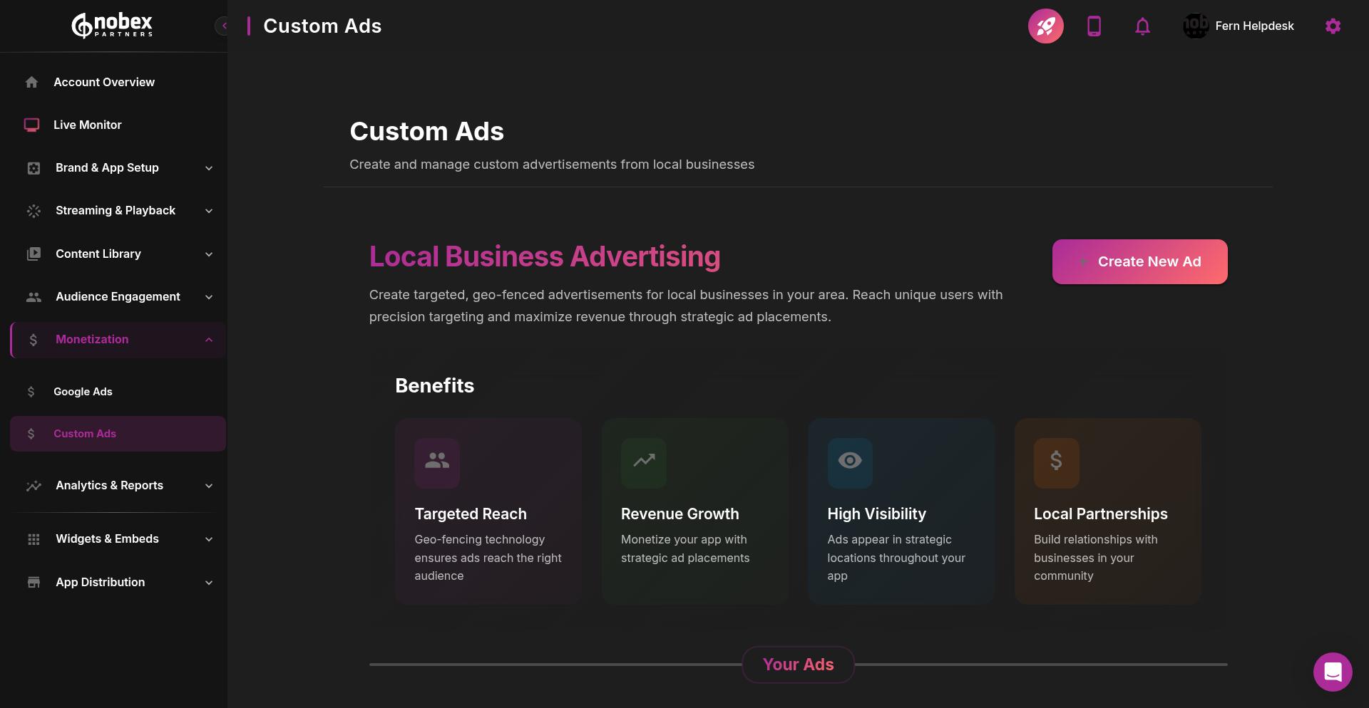 Custom Ads management page