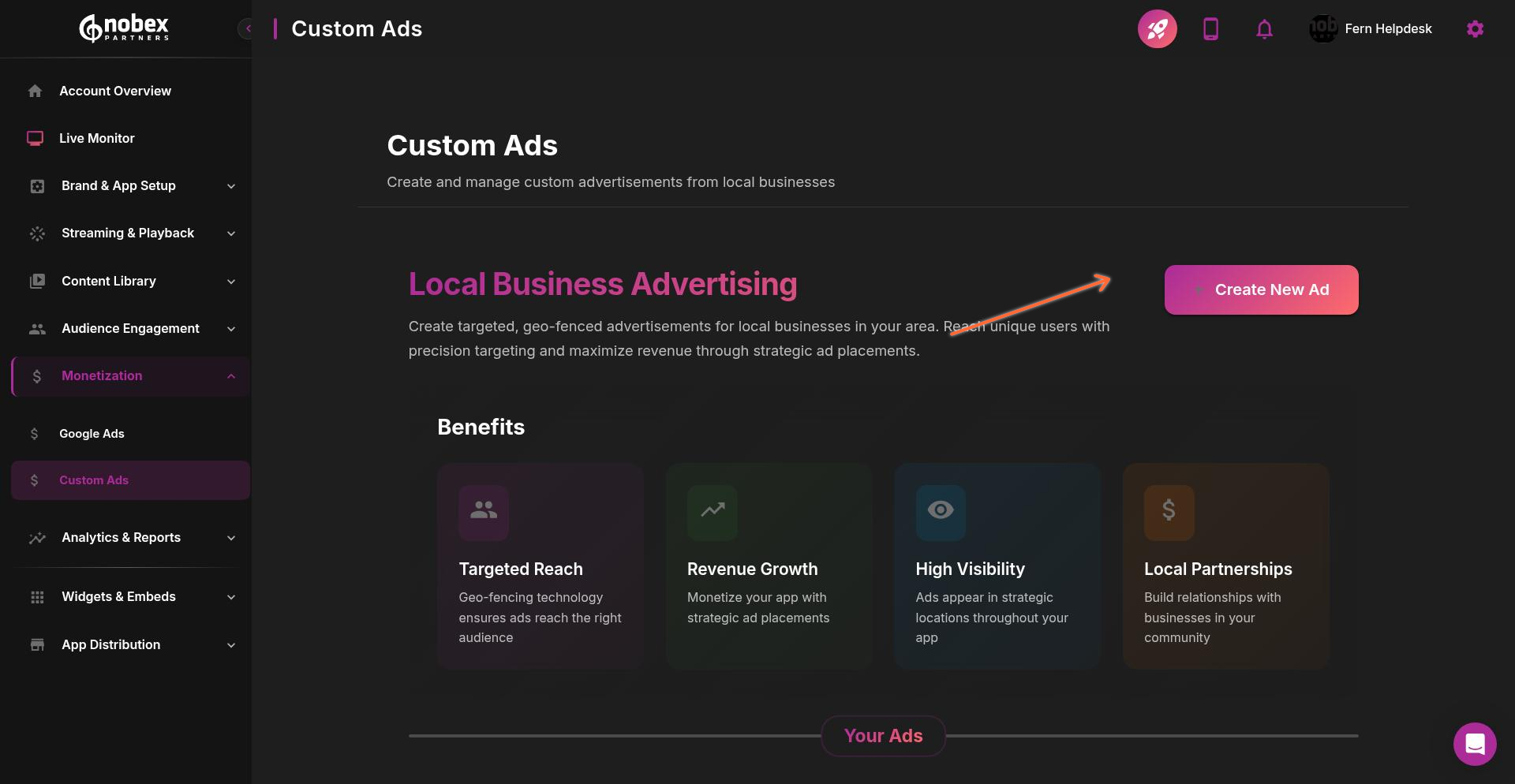 Create New Ad button on the Custom Ads page