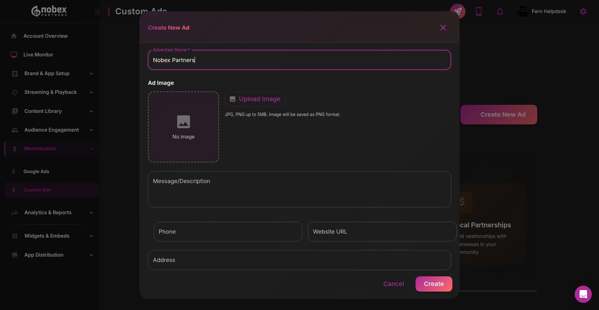 Ad form with advertiser name filled in