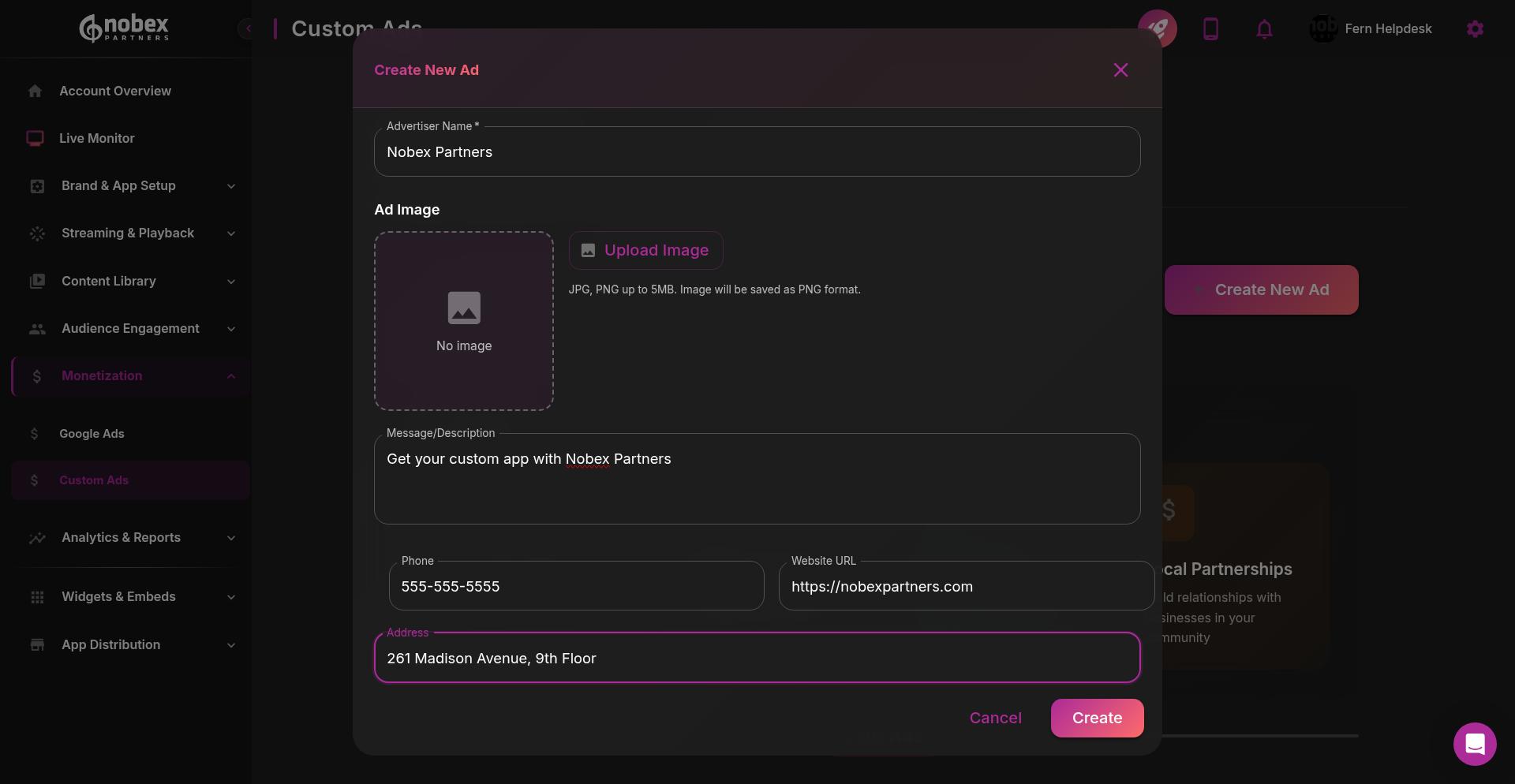 Ad form with message and contact details filled in