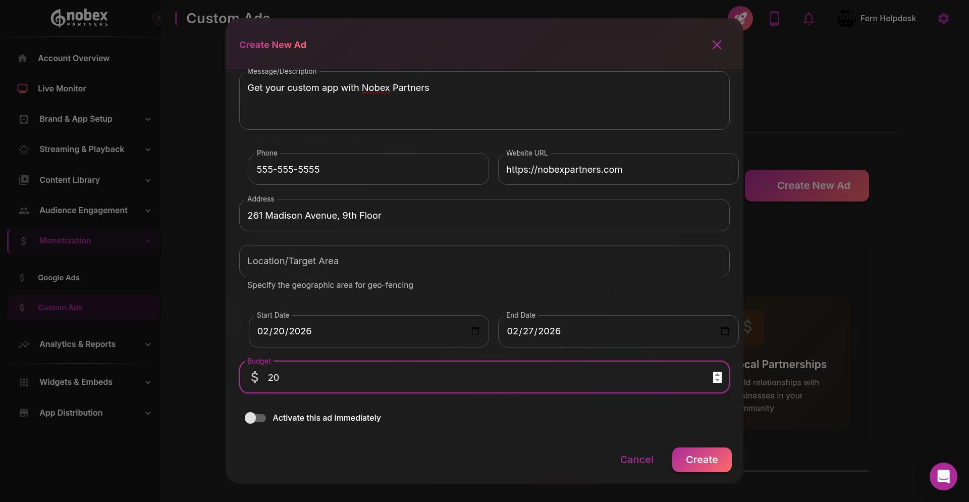 Ad form with schedule and budget configured