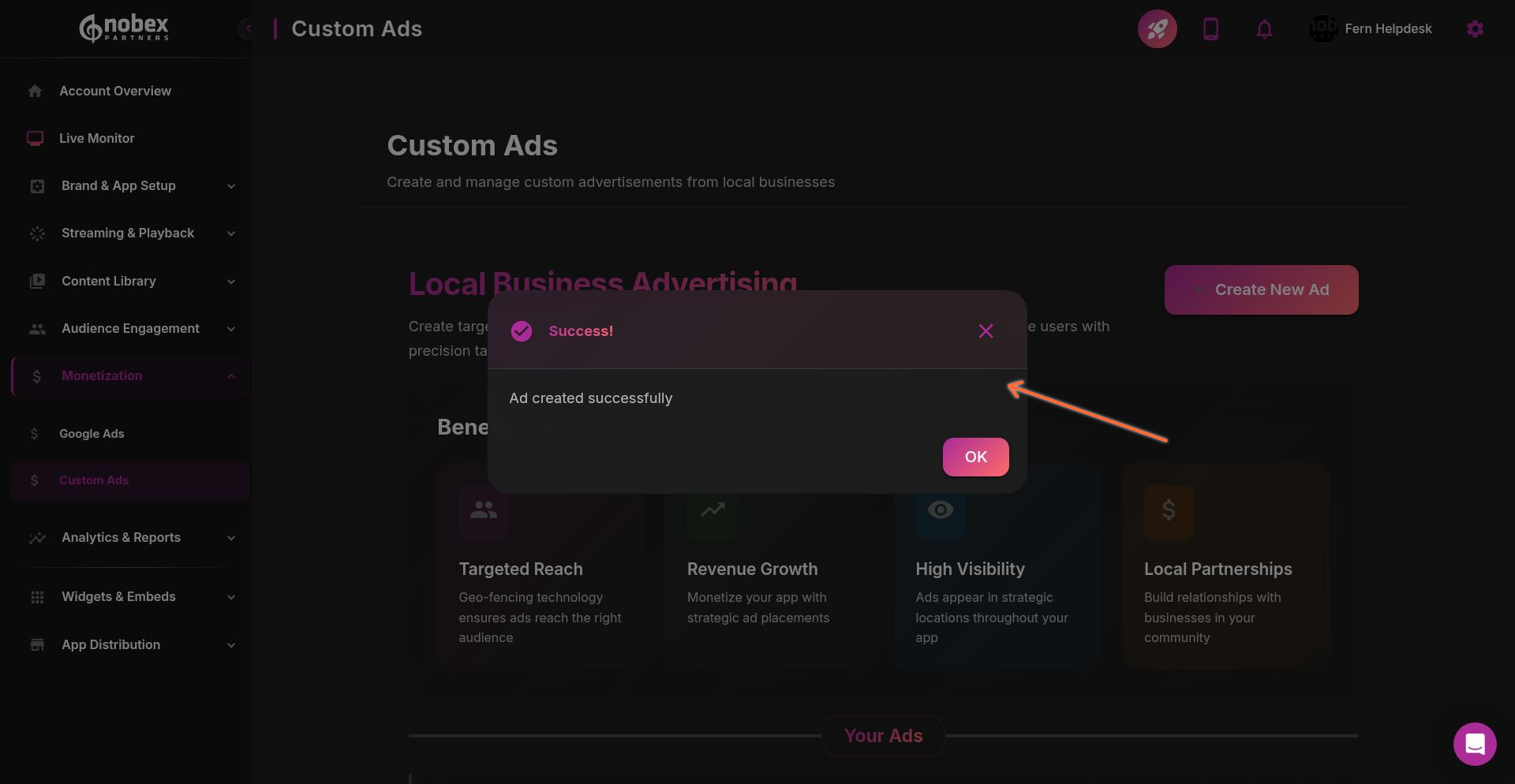 Success confirmation message after creating ad