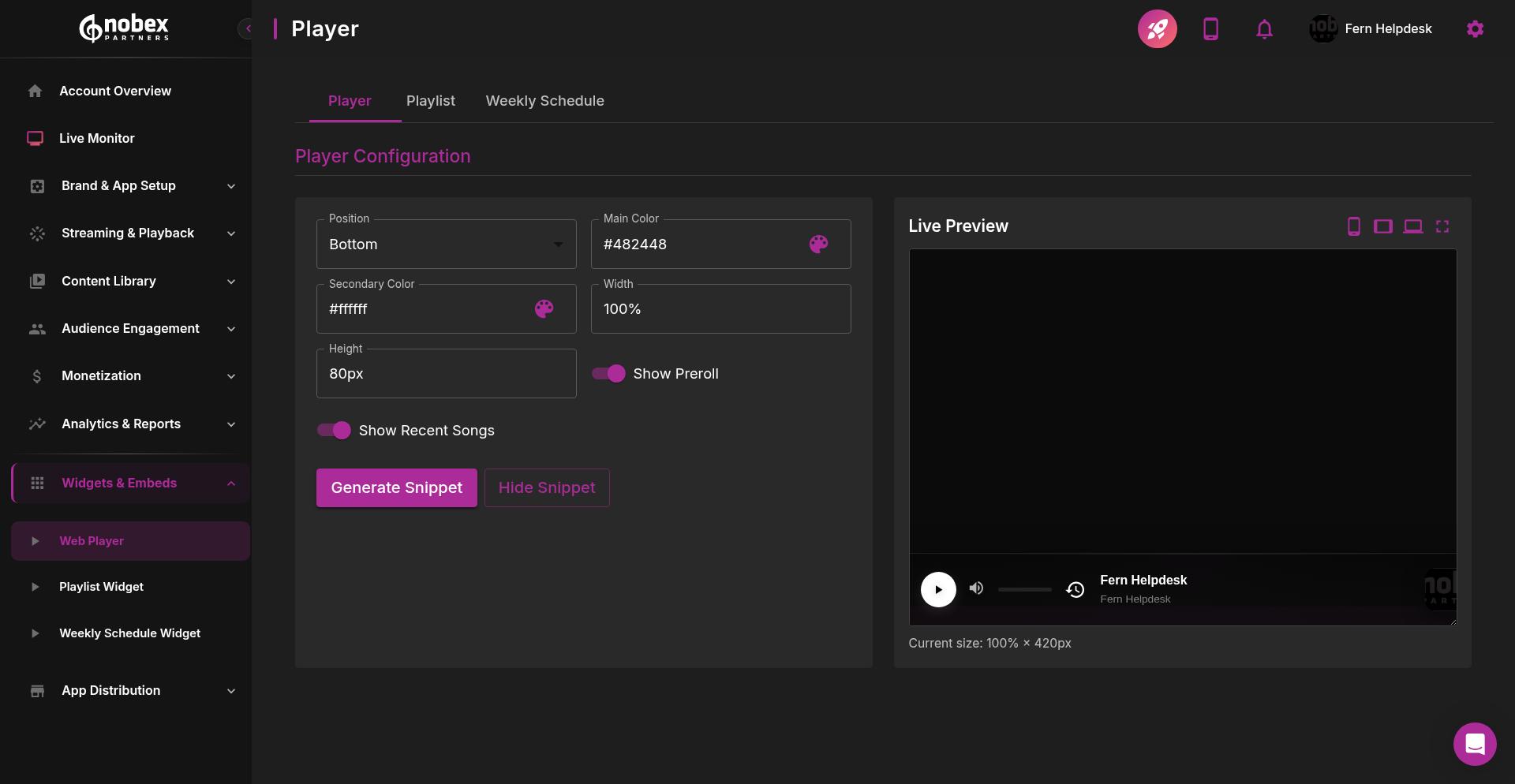 Webplayer widget customization interface