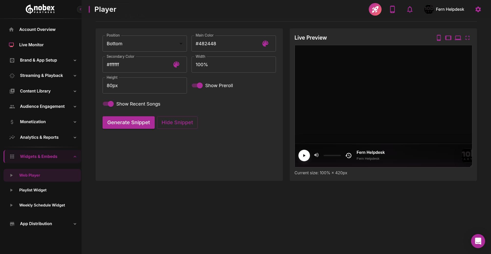 Webplayer customization controls and live preview