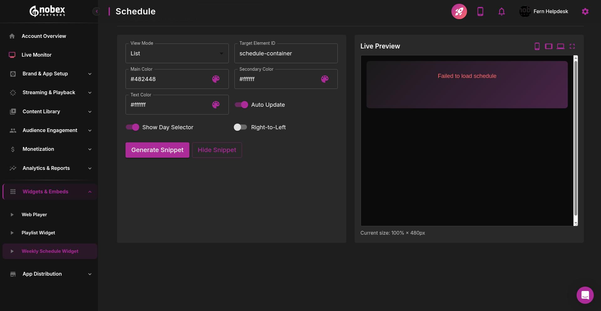 Weekly Schedule widget customization options and preview