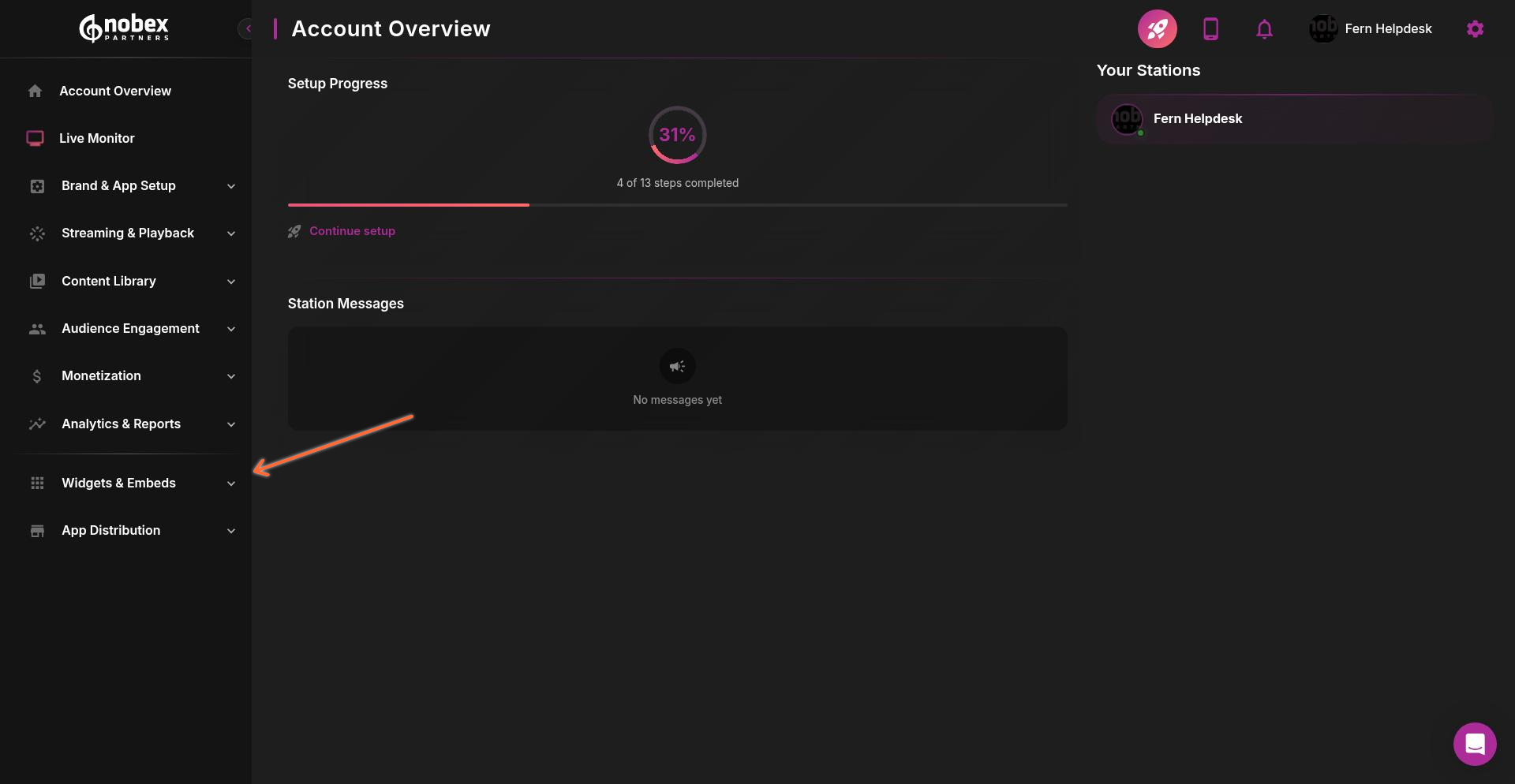 Widgets & Embeds section in the left navigation bar
