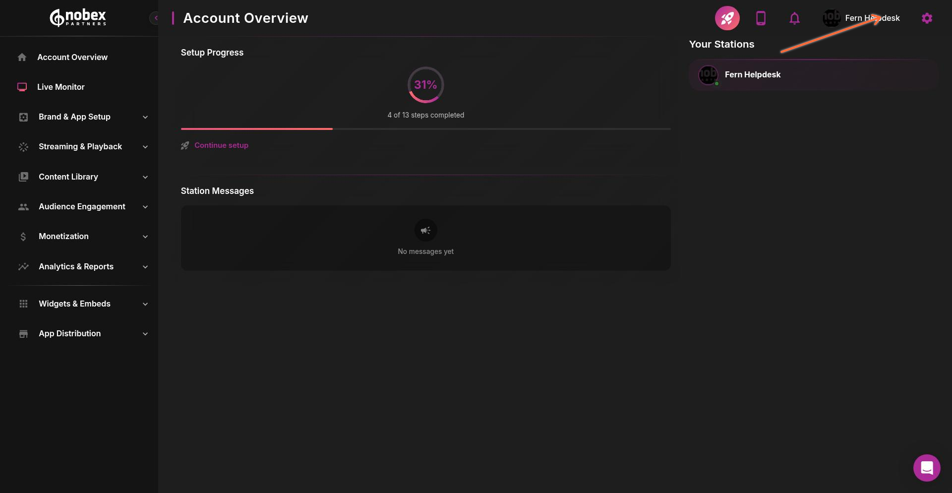 Dashboard with gear icon highlighted in top right corner