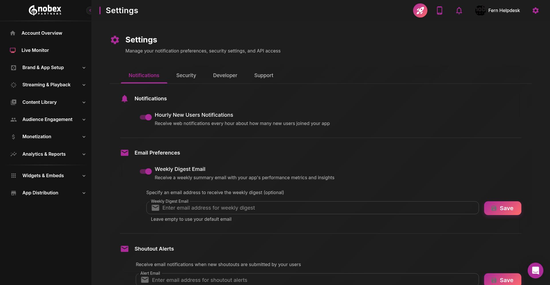 Notifications settings tab showing email preferences and alert options