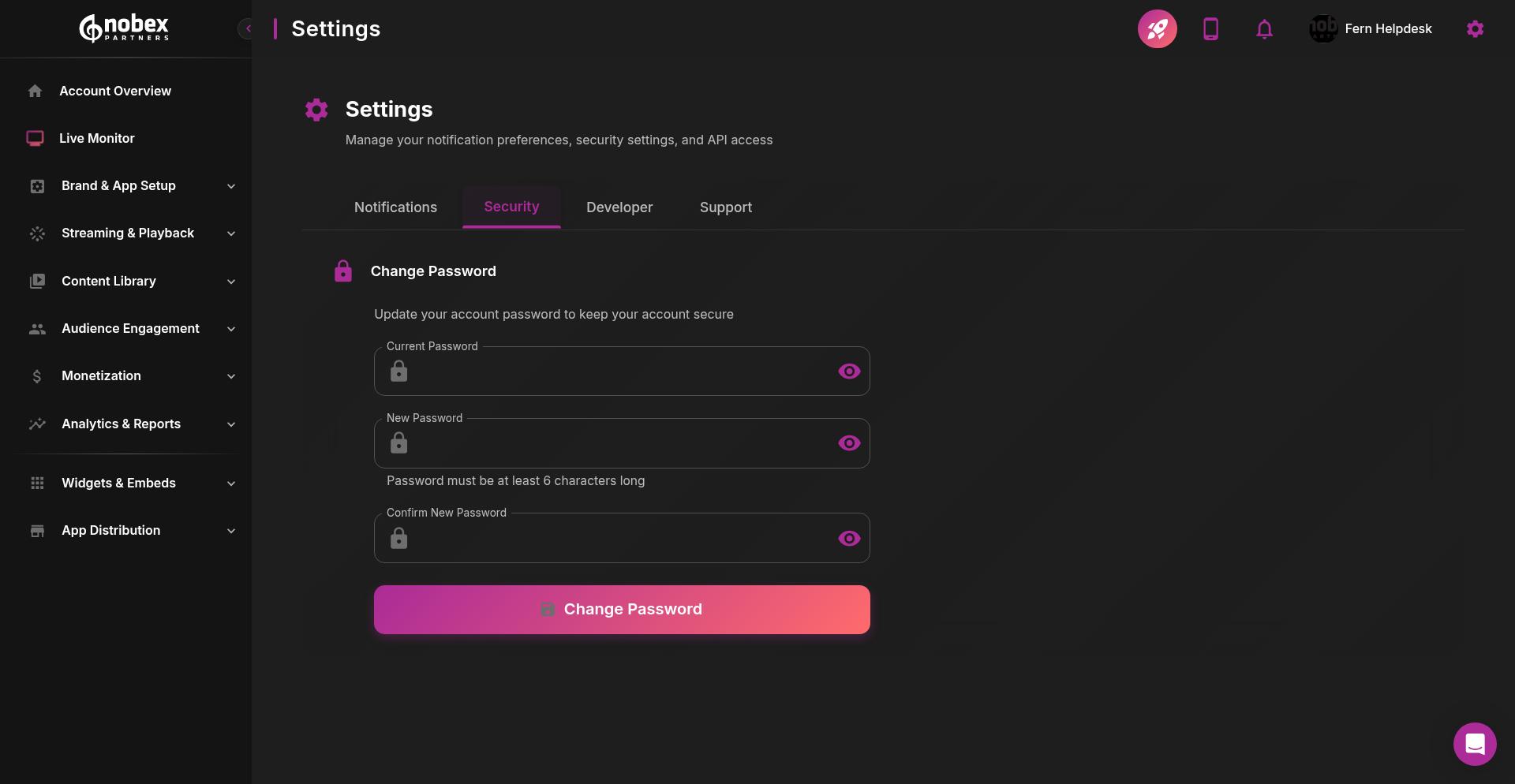 Security settings showing password change form