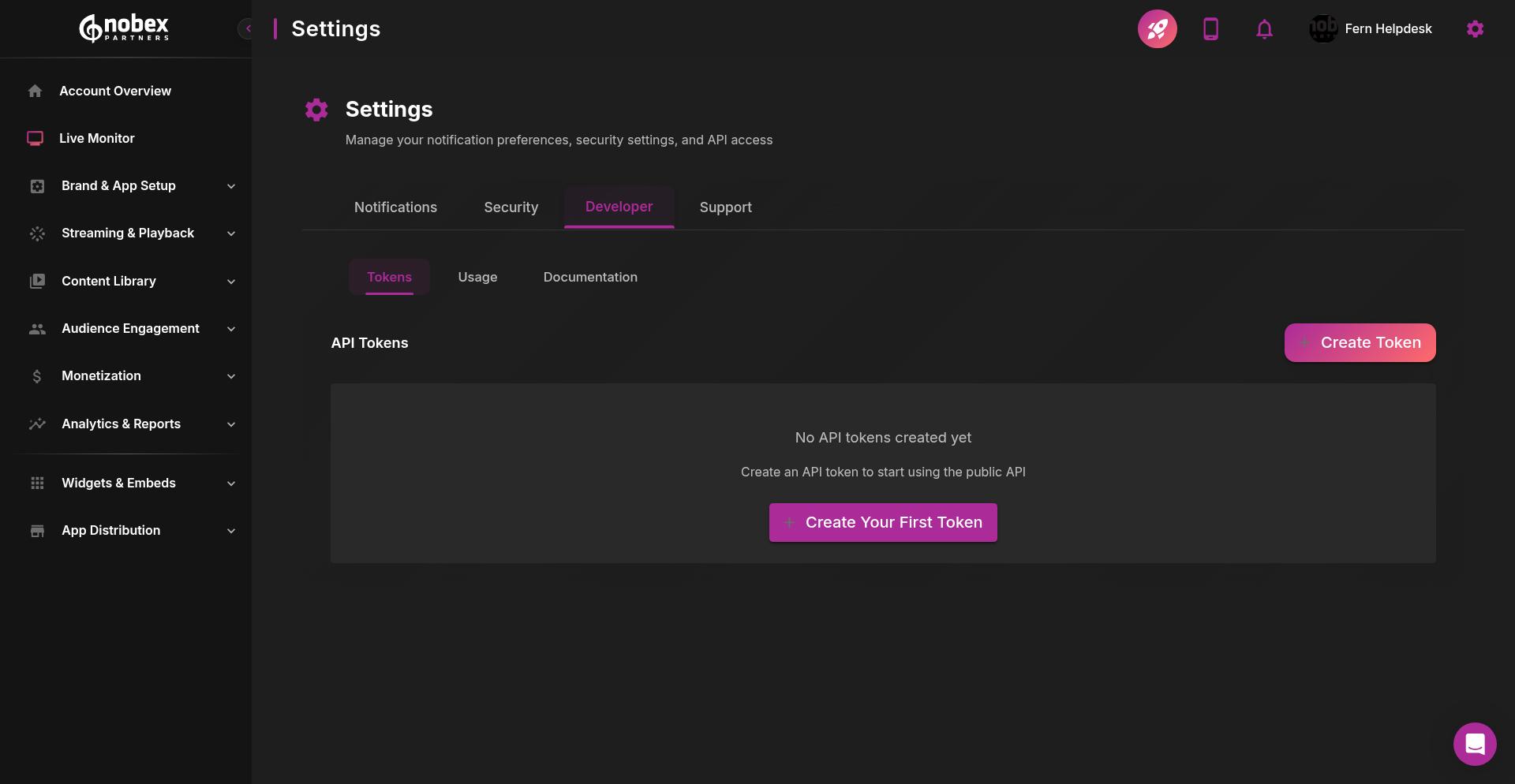 Developer settings showing API tokens management interface