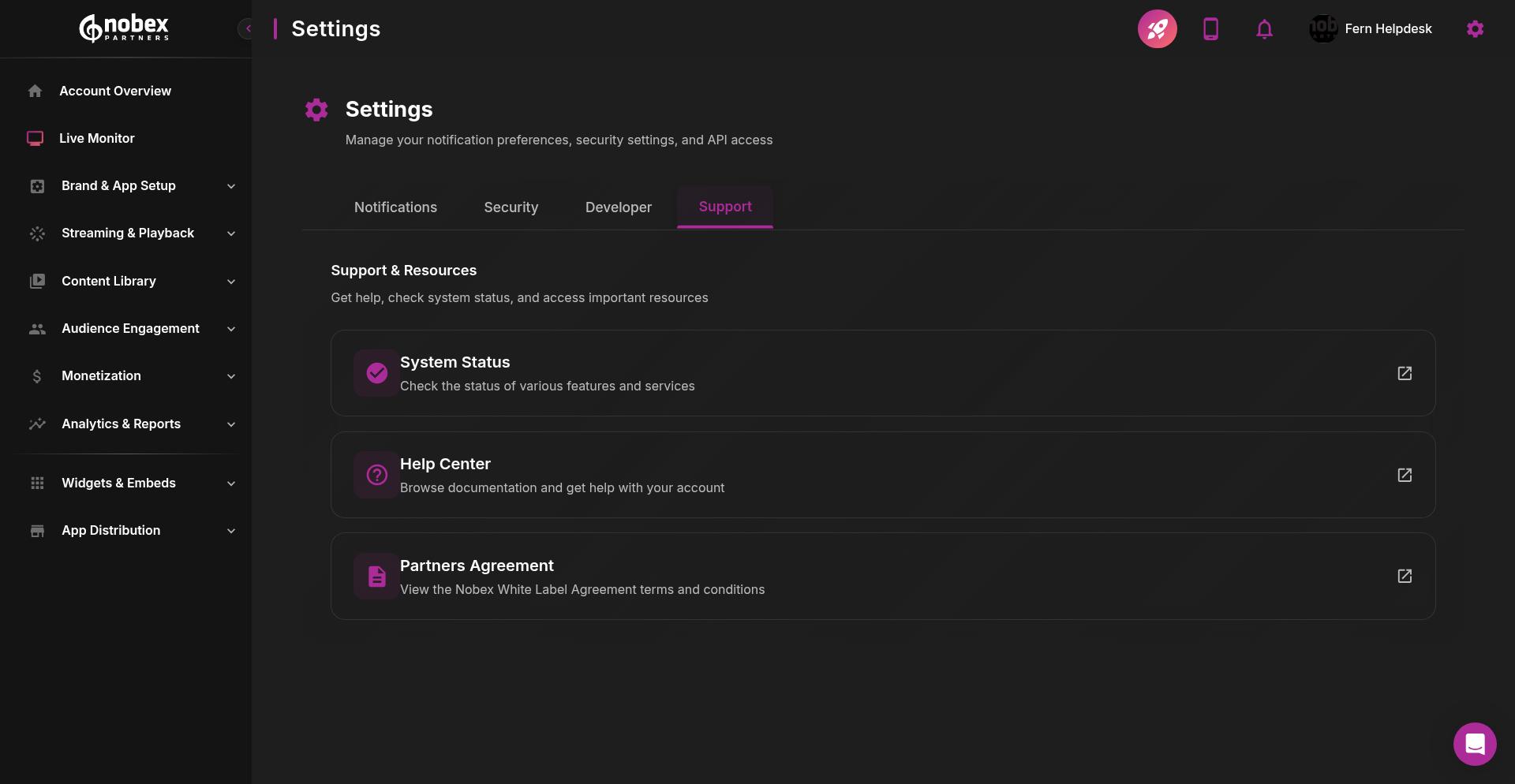 Support settings showing links to system status, help center, and partners agreement