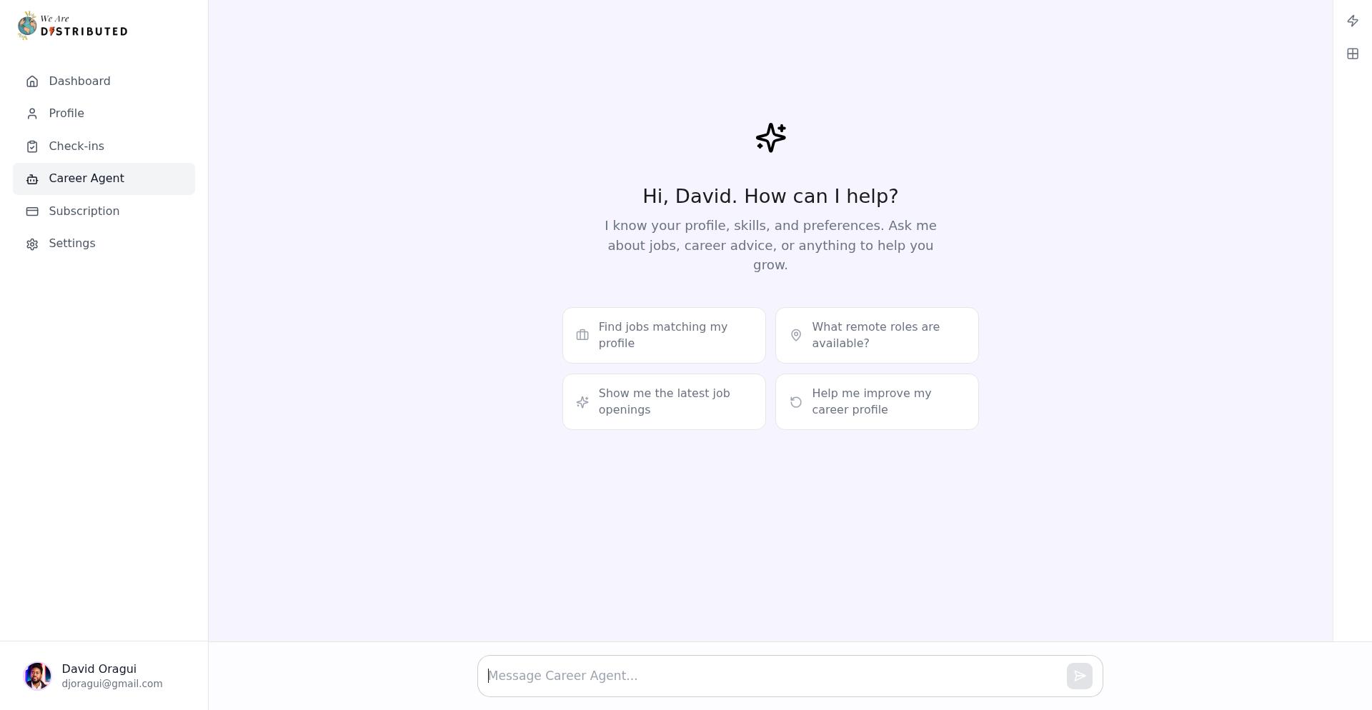 Career Agent interface showing suggestion chips for quick actions
