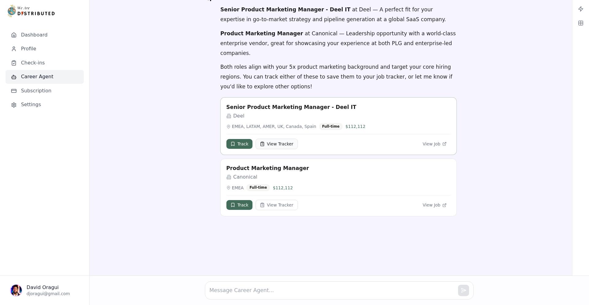 Job search results showing job cards with company, title, skills, and salary information
