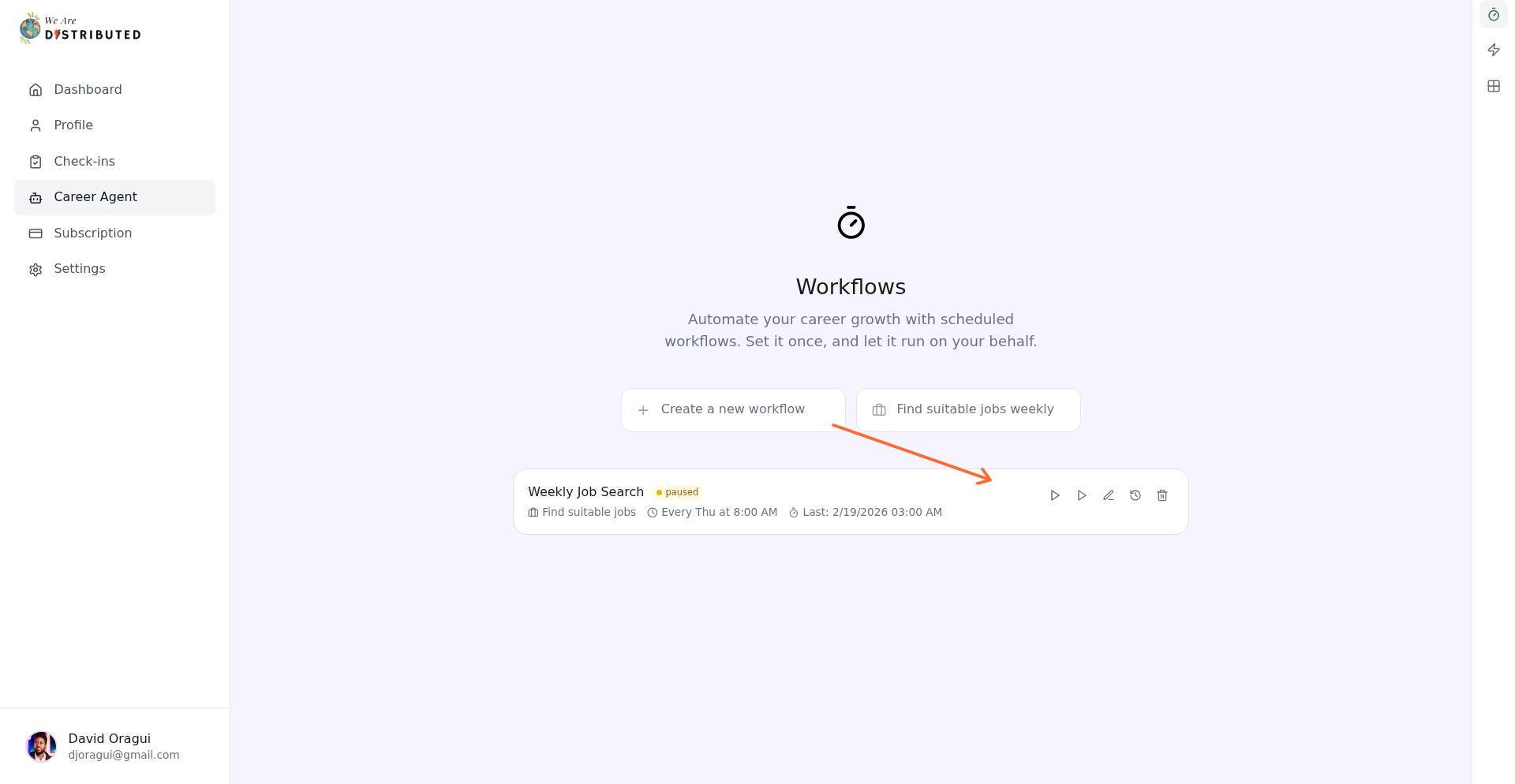 Workflow management showing controls for Run now, Resume, Edit, Run history, and Delete