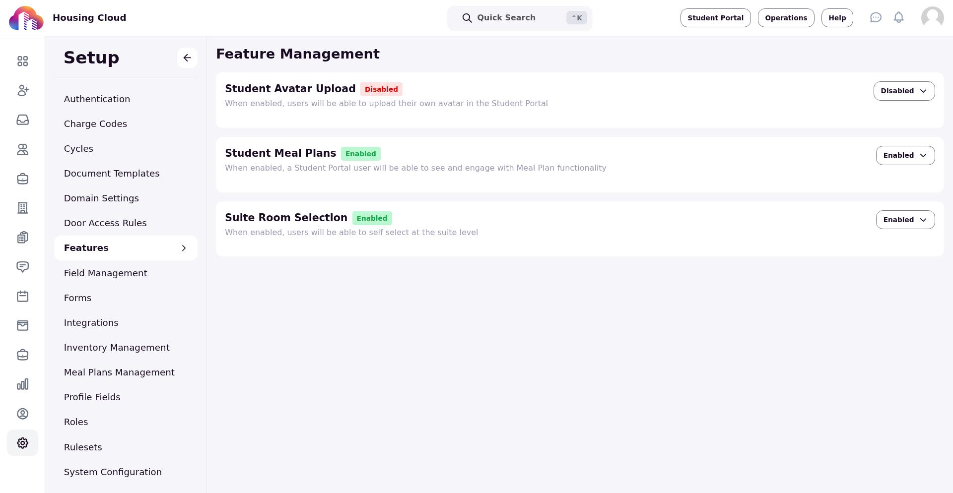 Feature Management page showing Student Avatar Upload in disabled state