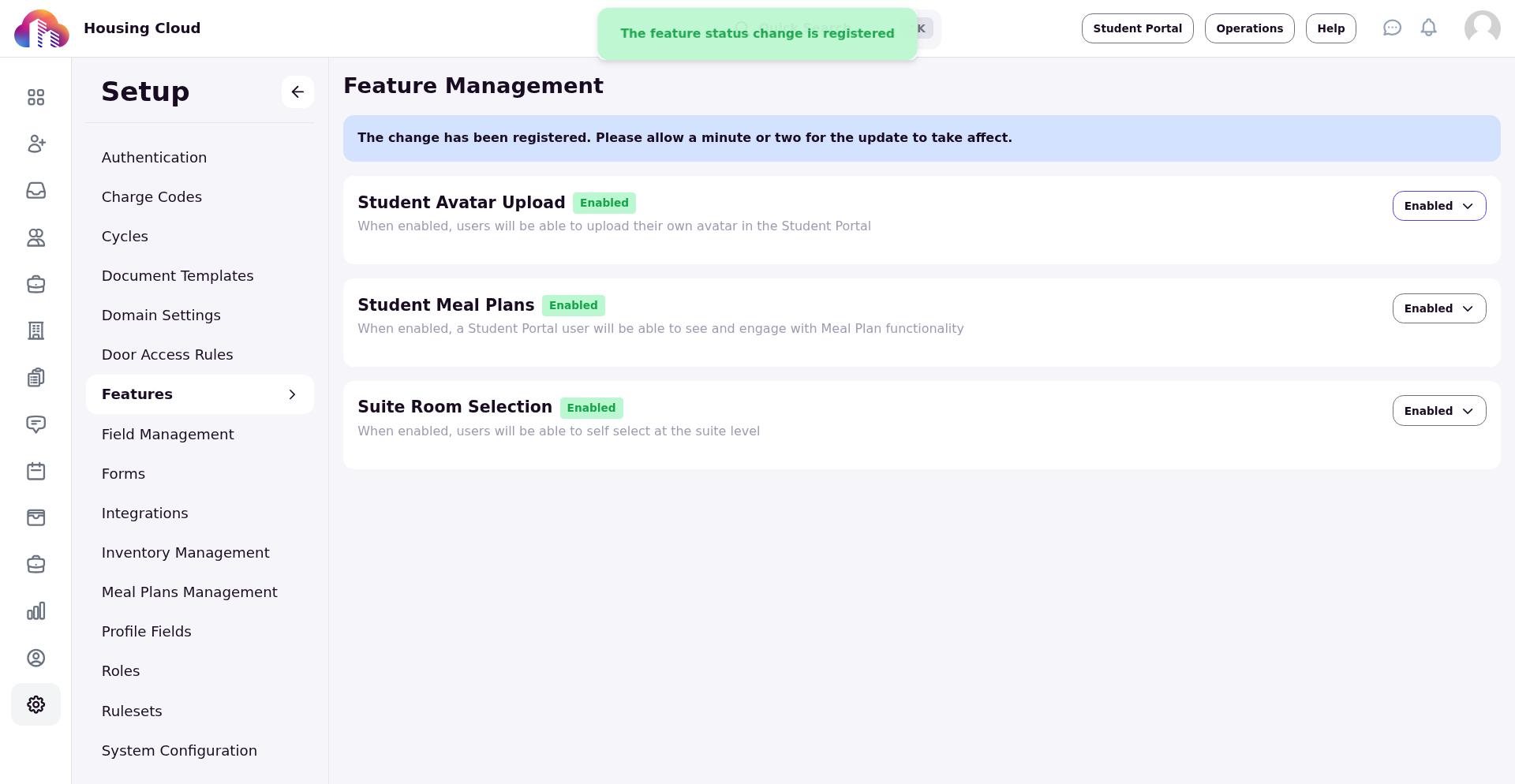 Student Avatar Upload feature card now showing Enabled status