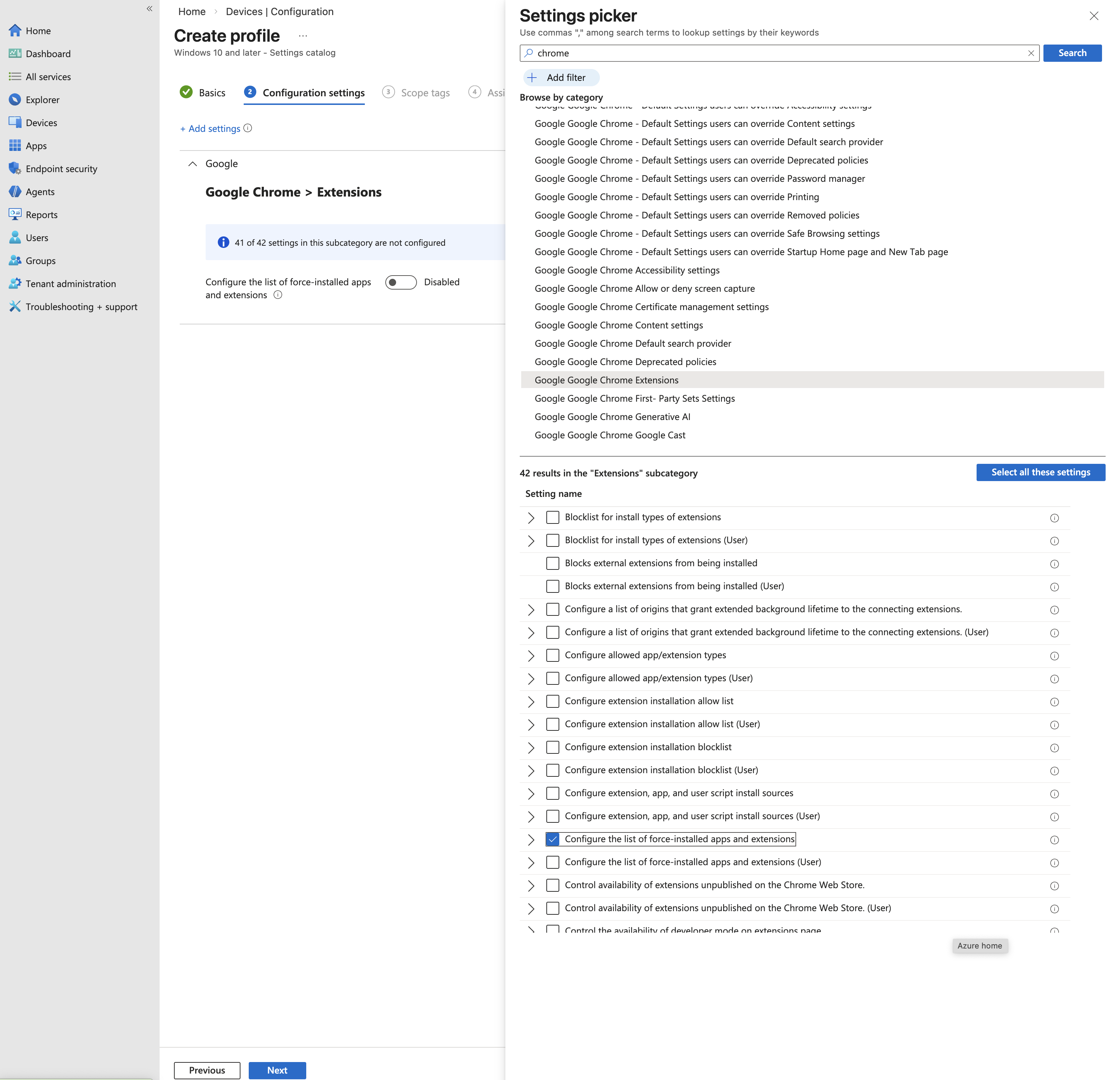 Select force-installed extensions policy