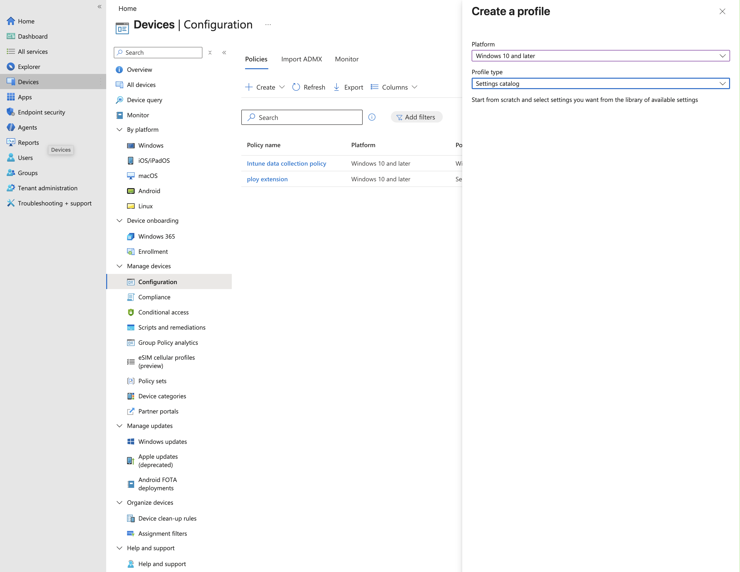 Select administrative templates in Intune