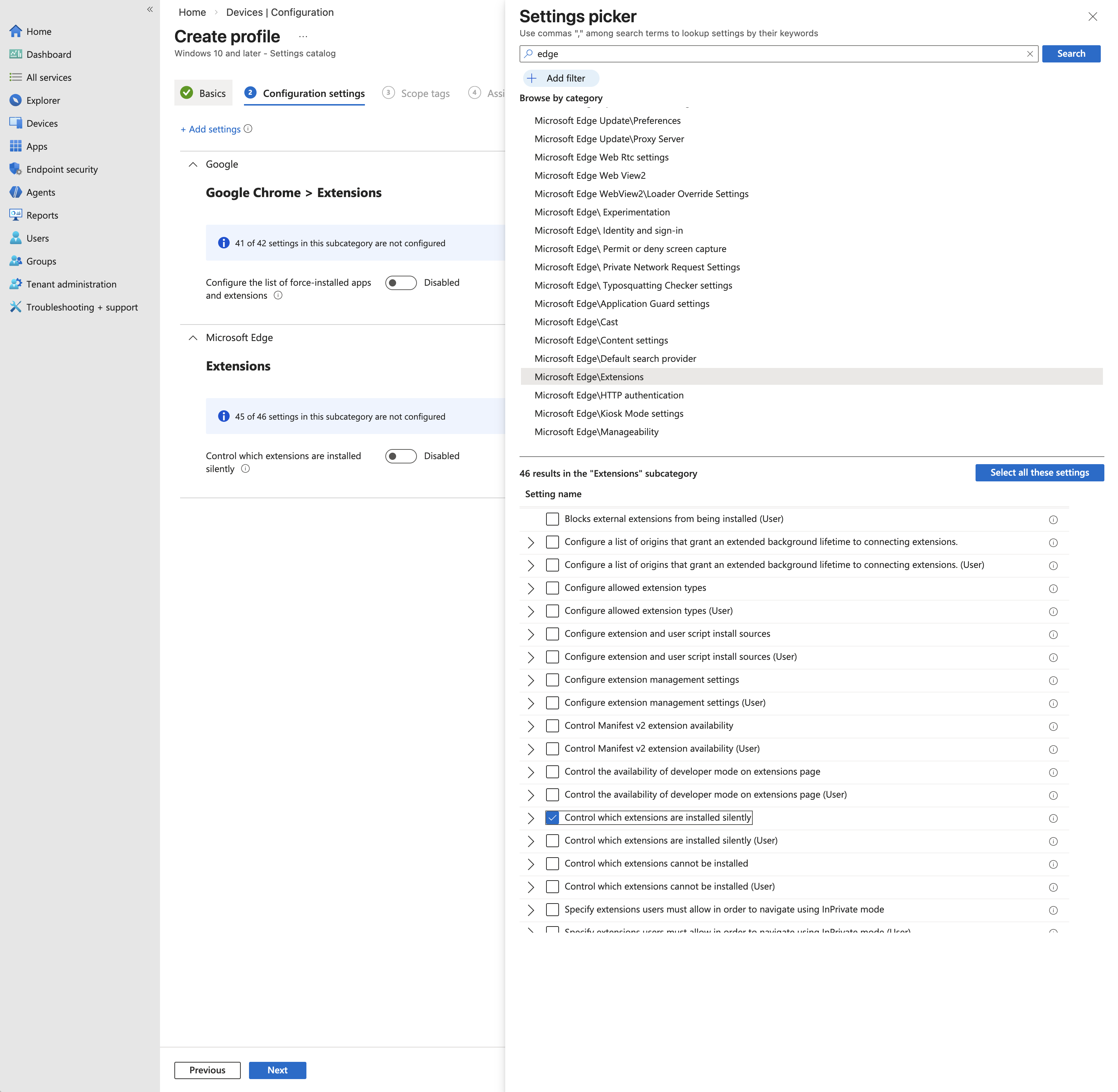 Select force-installed extensions policy for Edge