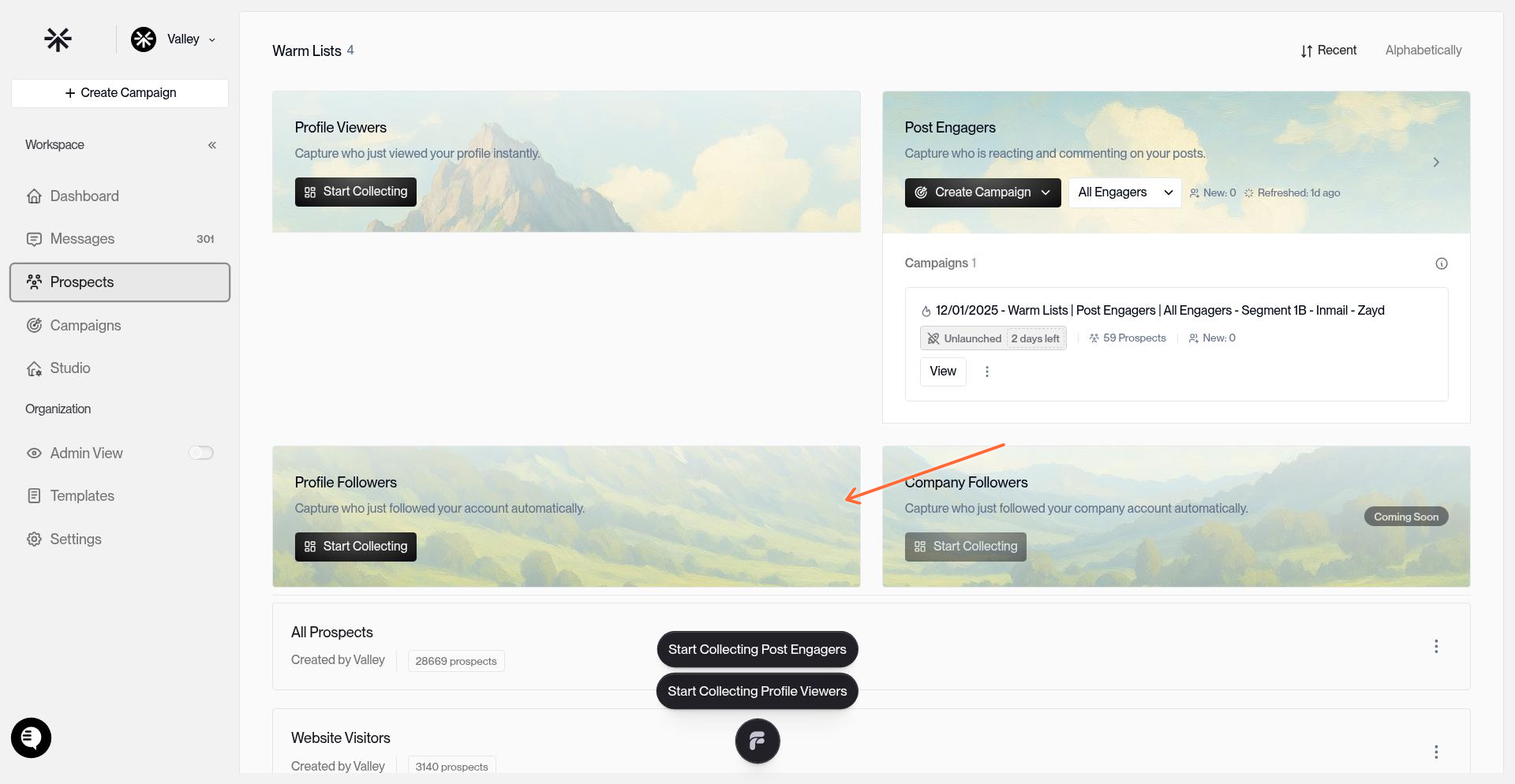 Warm Lists section showing Profile Followers card