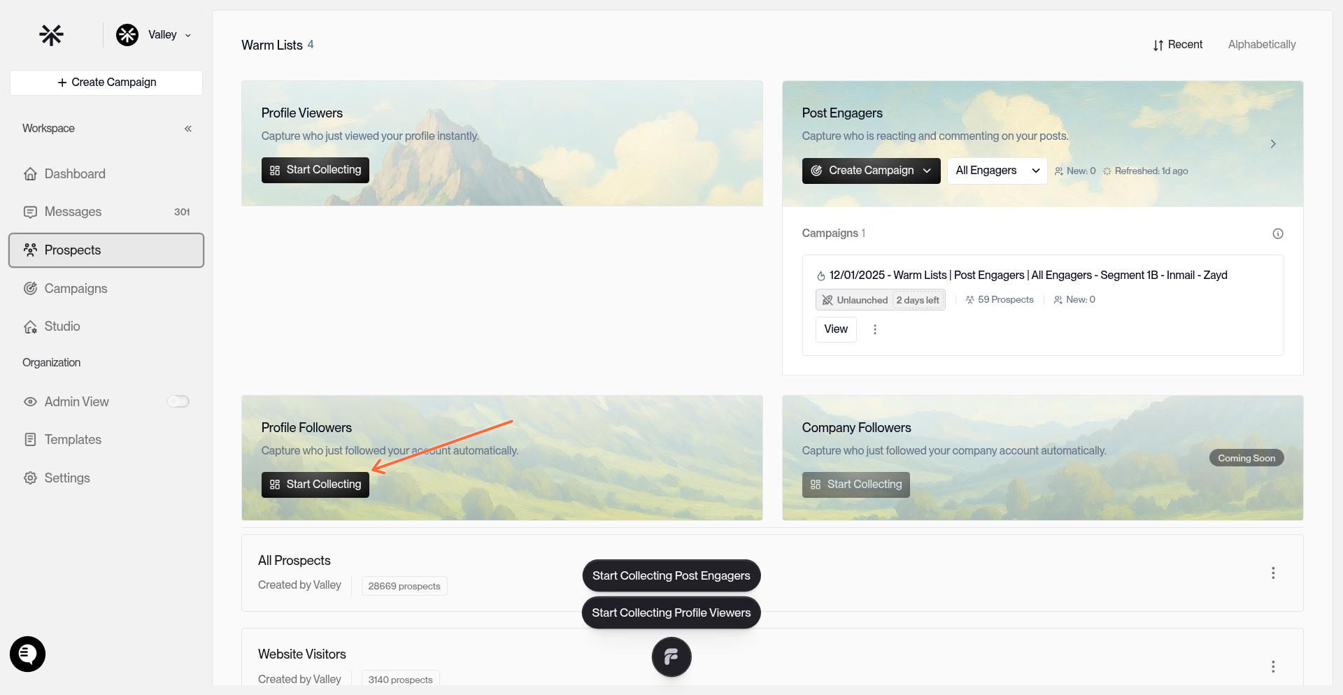 Profile Followers card with Start Collecting button
