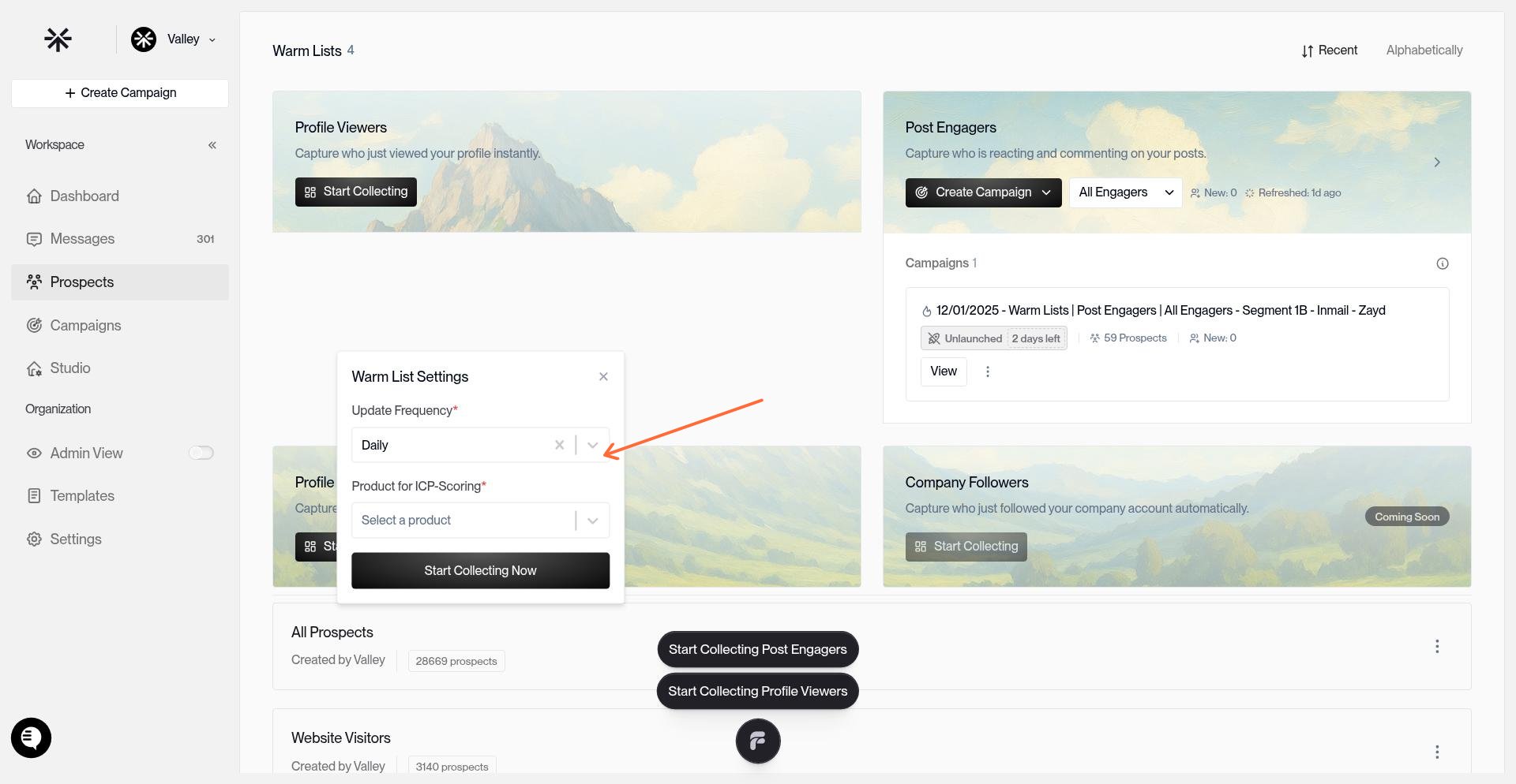 Warm List Settings modal with Frequency and Product configuration