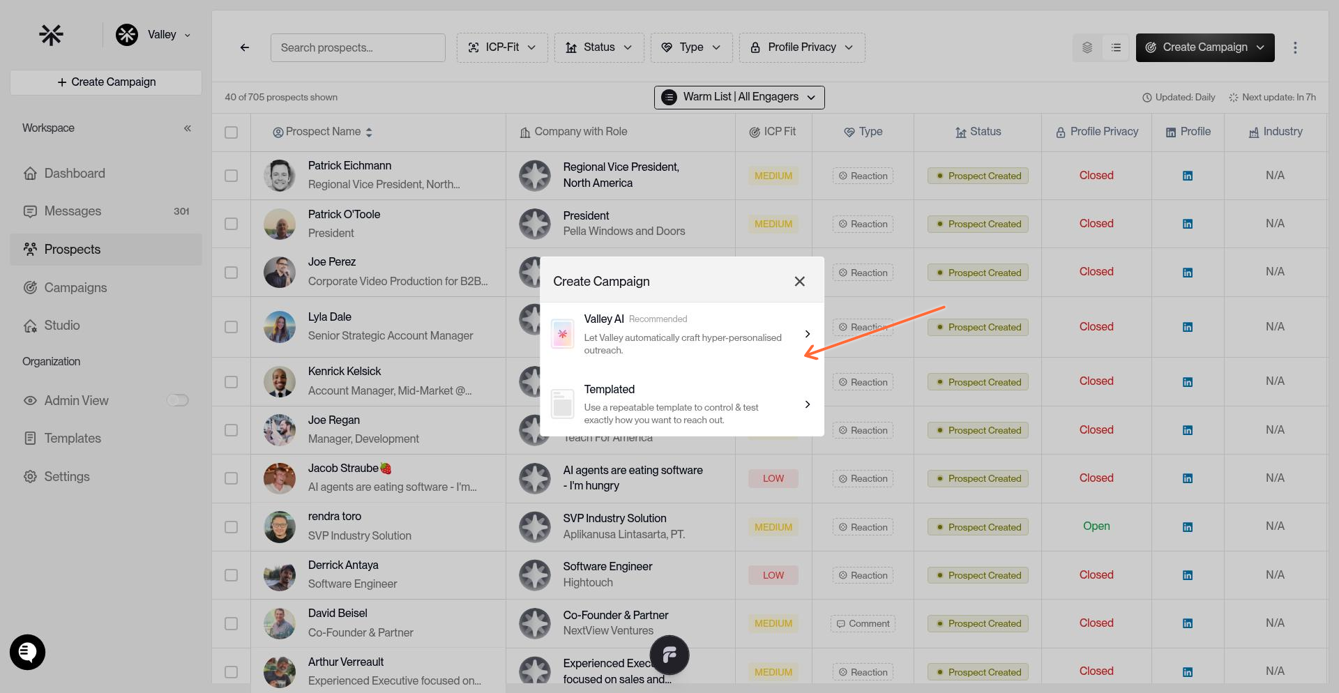 Campaign type selection showing Connect and InMail options