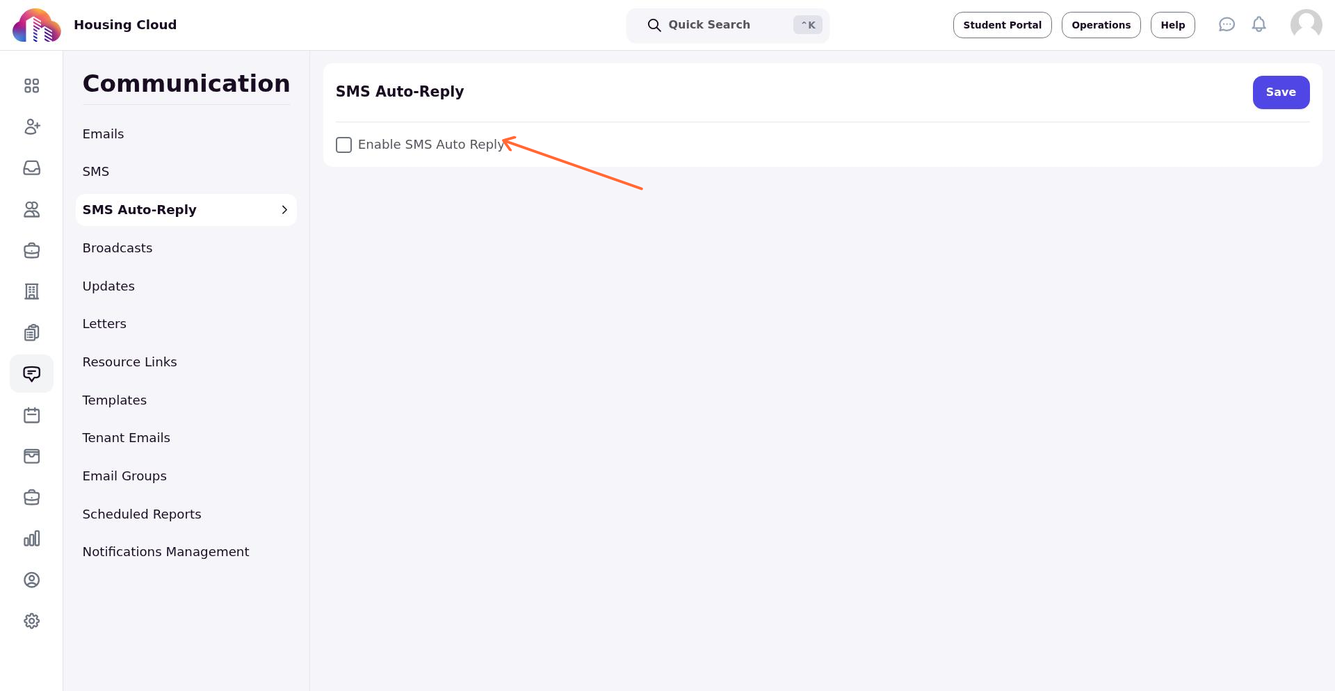 SMS Auto-Reply page showing the Enable SMS Auto Reply checkbox