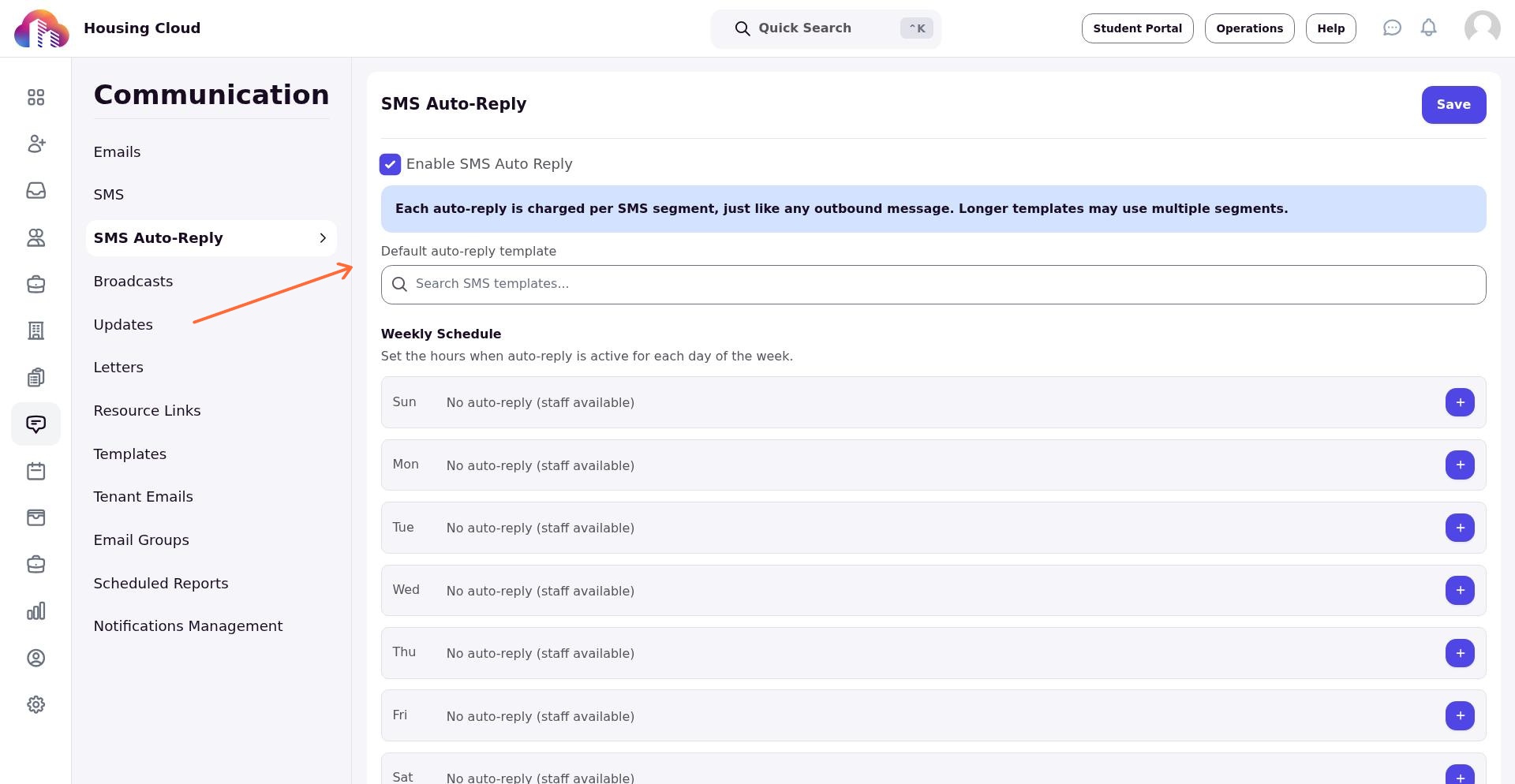 Default SMS template dropdown selector