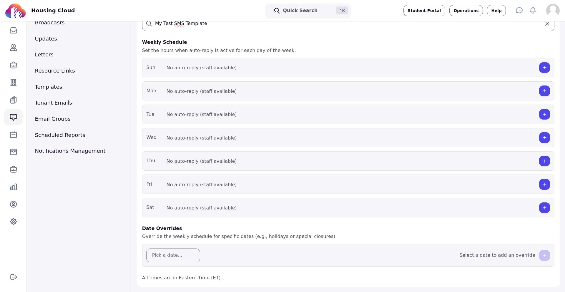 Full configuration view showing weekly schedule and date overrides sections