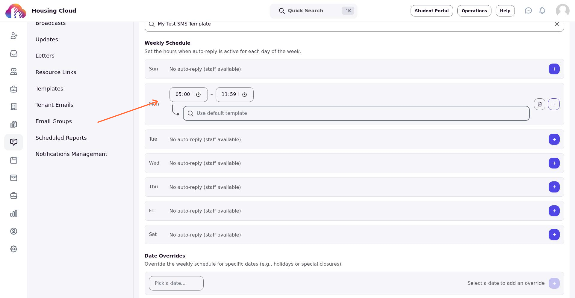 Time slot configuration showing start time, end time, and template options
