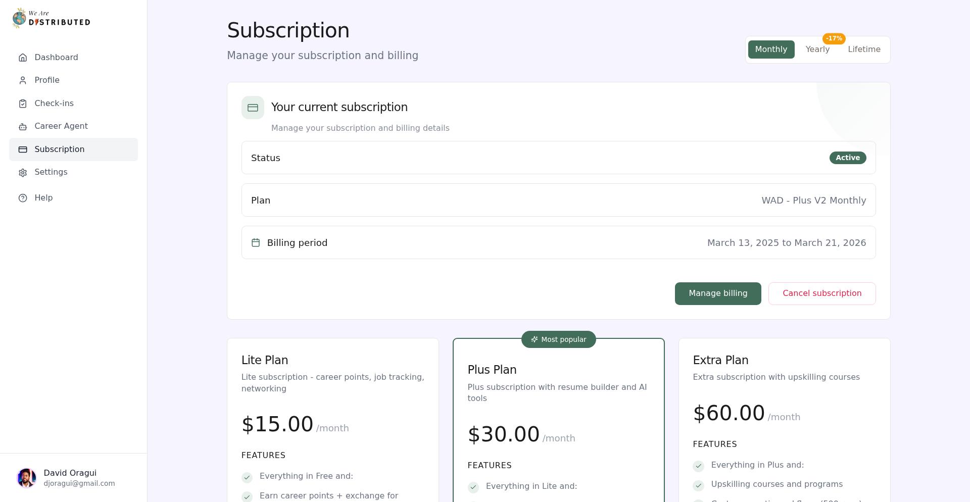 Subscription management page showing plan details and options