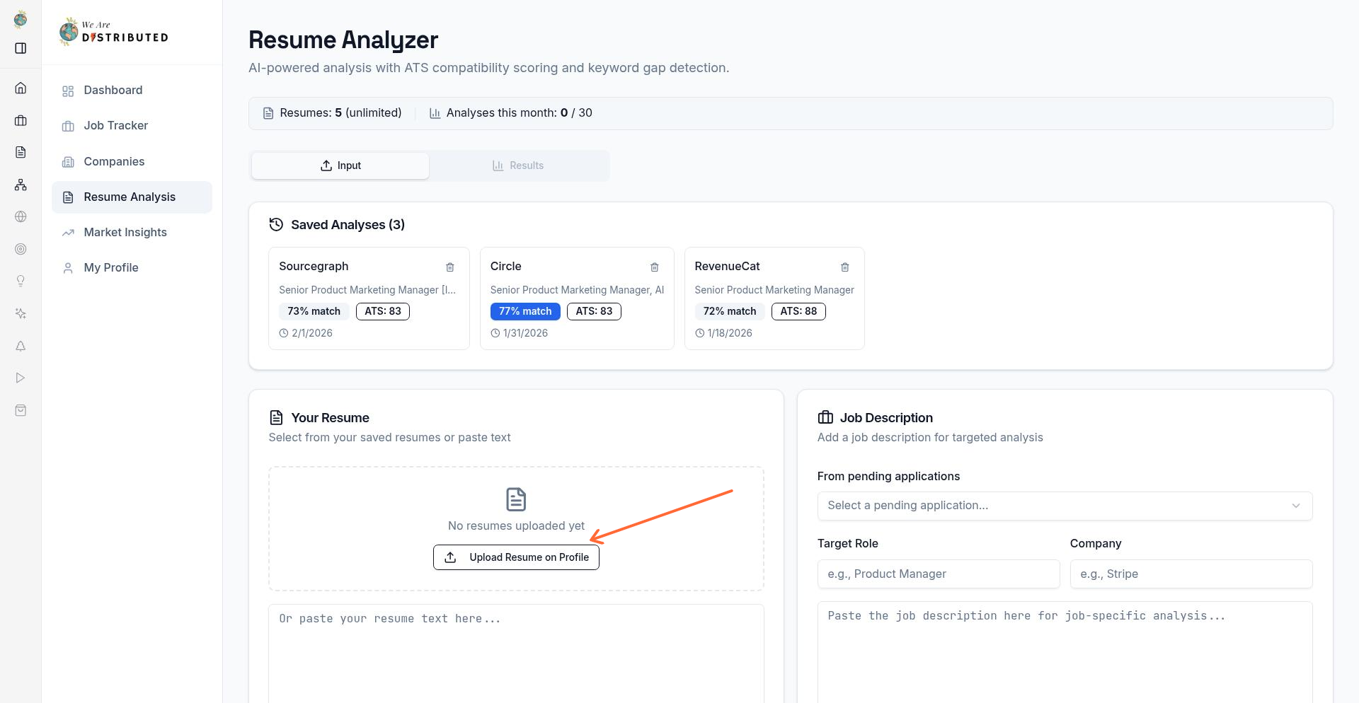 Resume Analysis page showing Upload Resume on Profile button