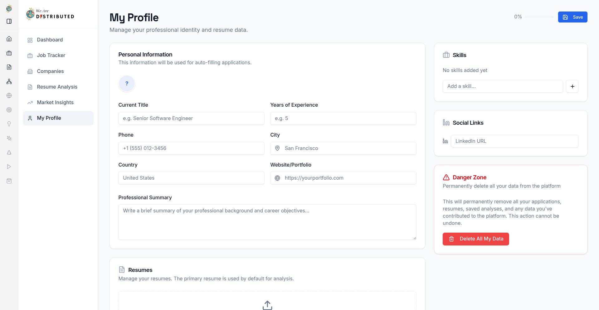 Profile page with resume upload interface