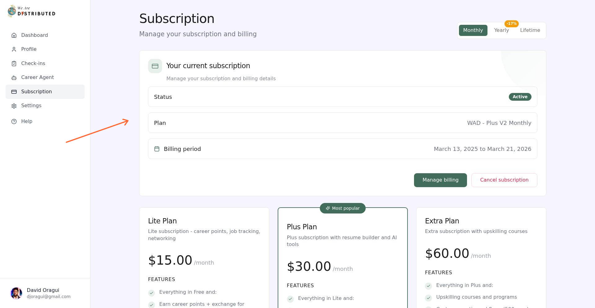 Subscription page showing current plan status, billing period, and plan details