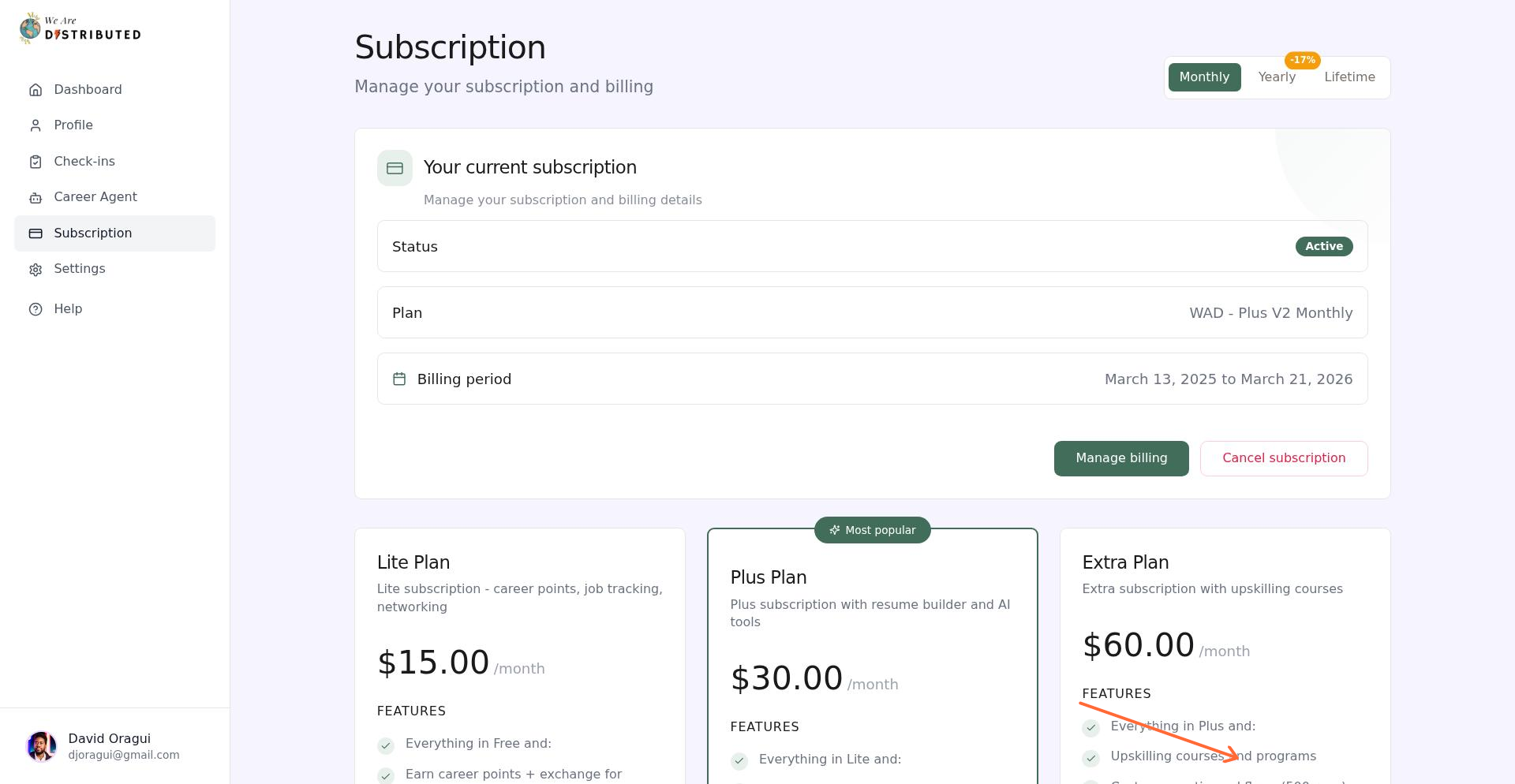 Upgrade button on subscription page to select a higher tier plan