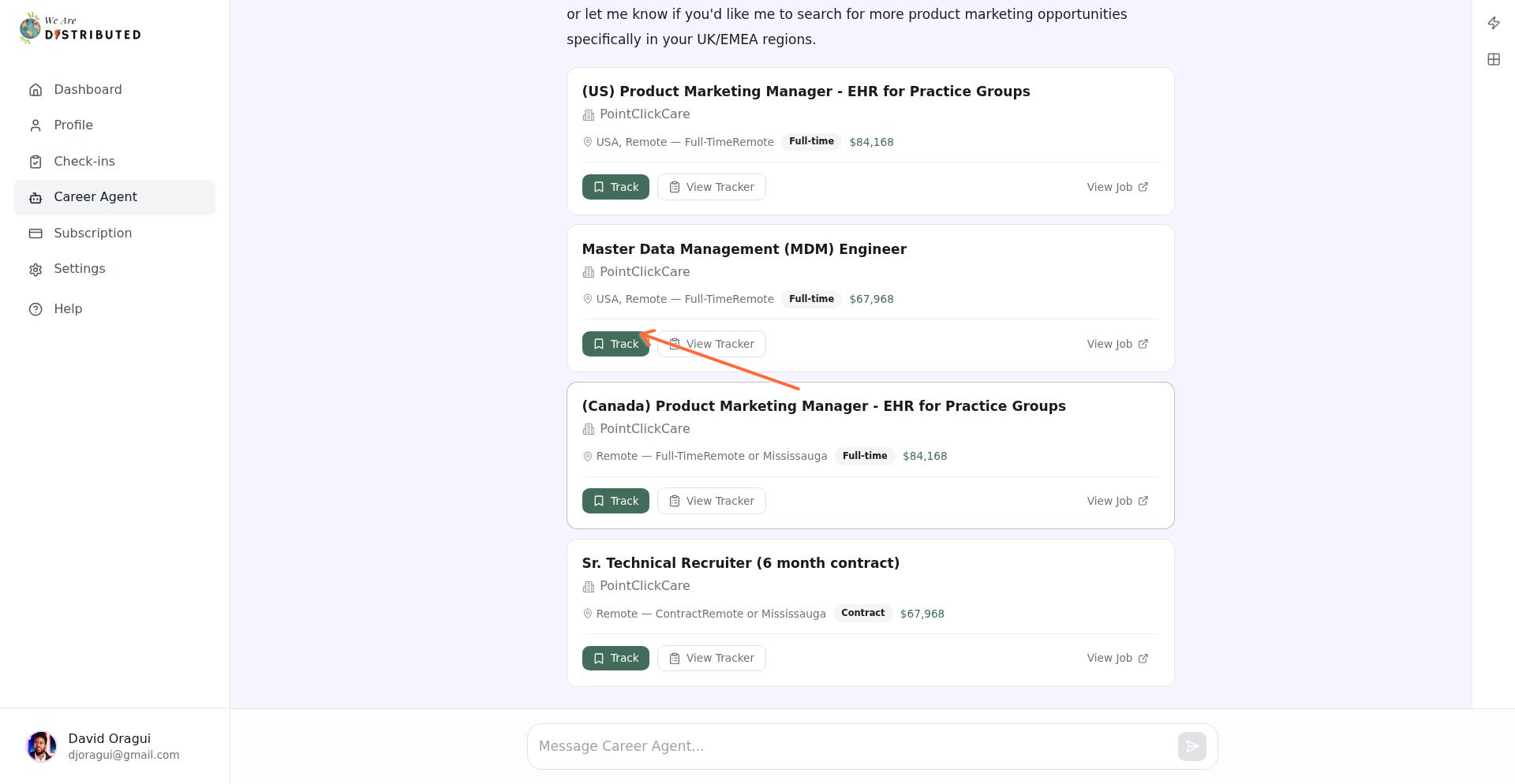 Track button on a job recommendation card in Career Agent